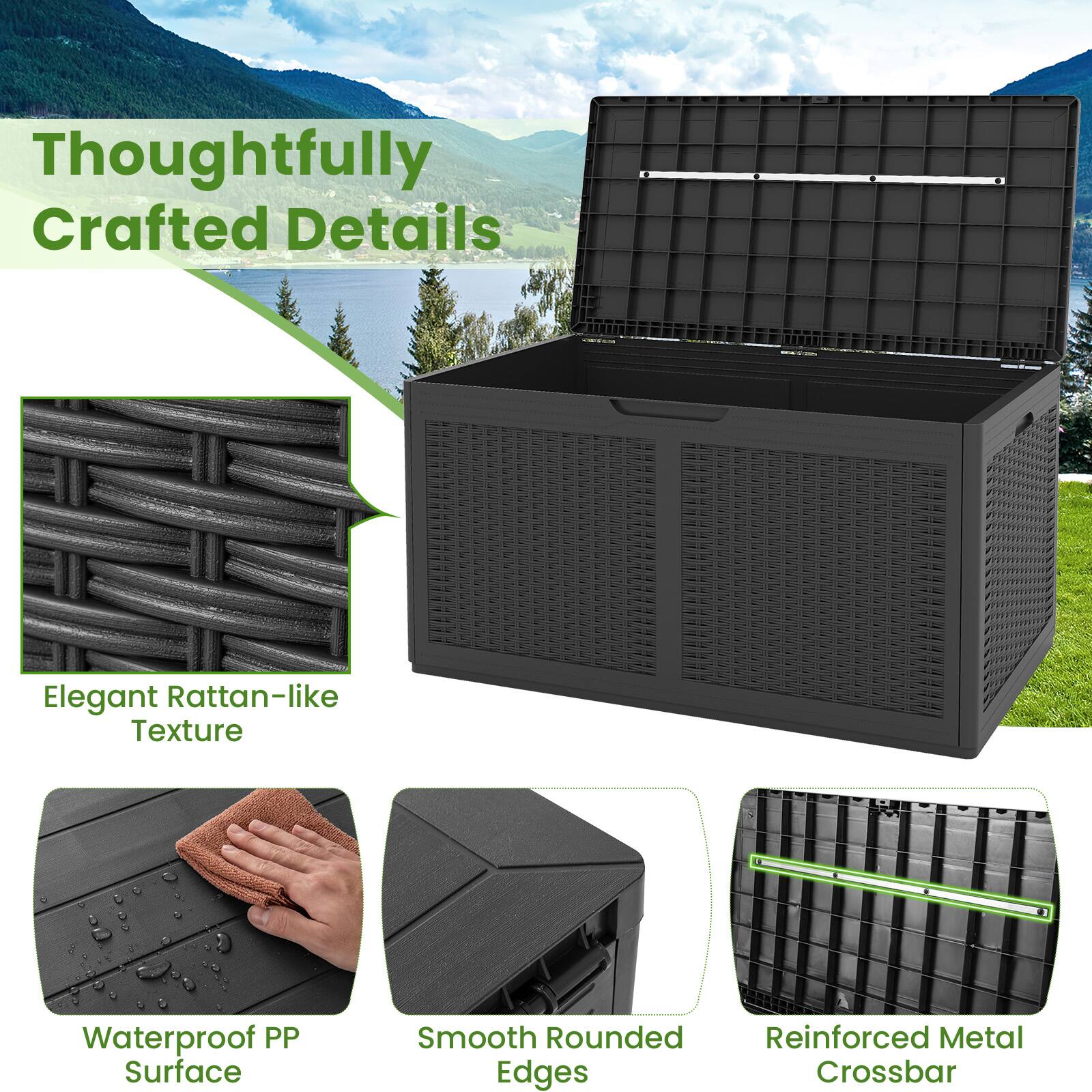 Thoughtfully Crafted Details

Elegant Rattan-like Texture

Waterproof PP Surface

Smooth Rounded Edges

Reinforced Metal Crossbar
