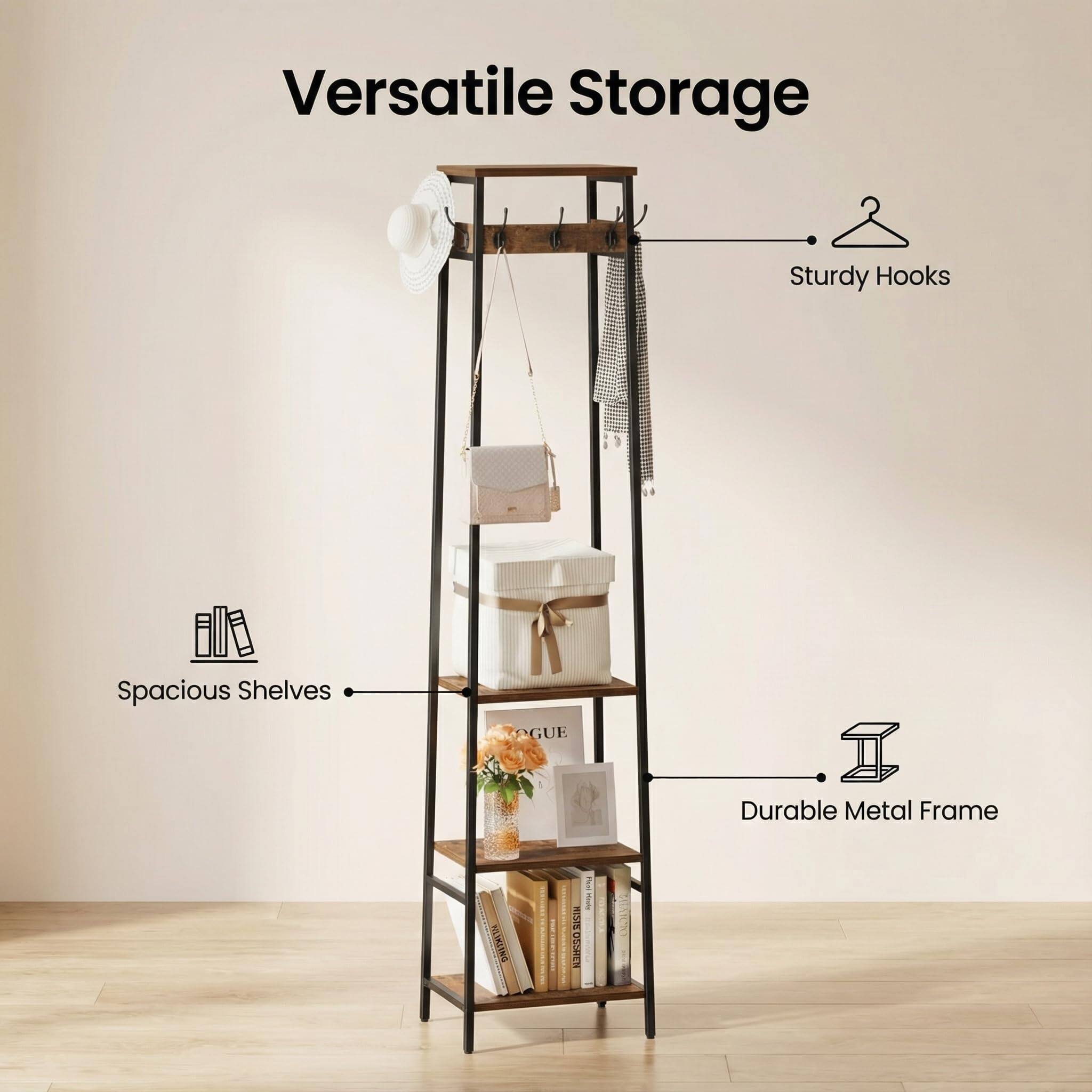 Versatile Storage

- Sturdy Hooks
- Spacious Shelves
- Durable Metal Frame