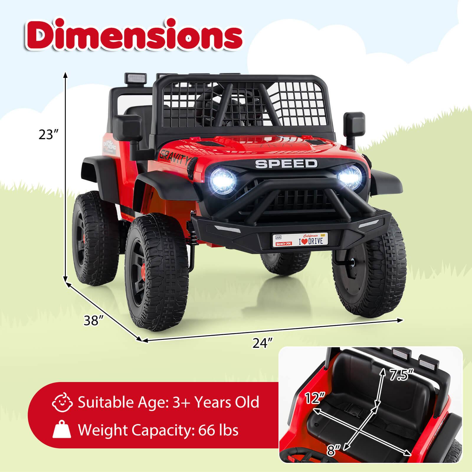 Dimensions: 23" x 38" x 24"  
Suitable Age: 3+ Years Old  
Weight Capacity: 66 lbs  
Seat Dimensions: 12" x 8" x 7.5"