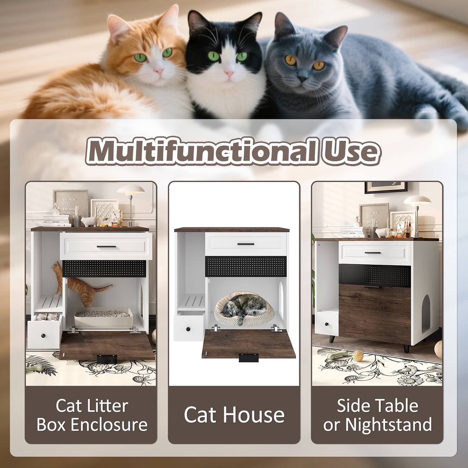 Multifunctional Use

Cat Litter Box Enclosure

Cat House

Side Table or Nightstand
