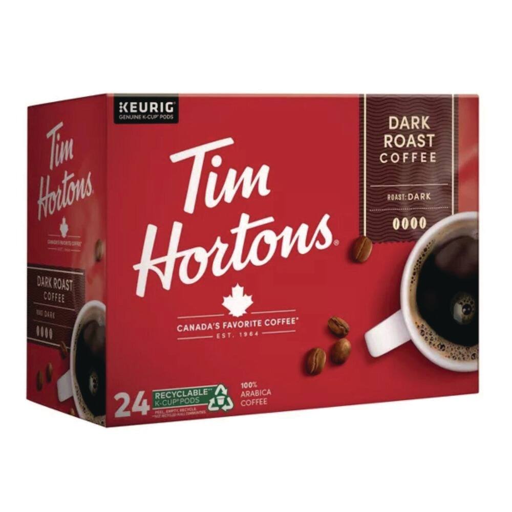KEURIG GENUINE K-CUP PODS  
DARK ROAST COFFEE  
Tim Hortons  
ROAST: DARK  
0000  
DARK COFFEE  
CANADA'S FAVORITE COFFEE  
EST. 1964  
RECYCLABLE  
24 K-CUP PODS  
100% ARABICA COFFEE