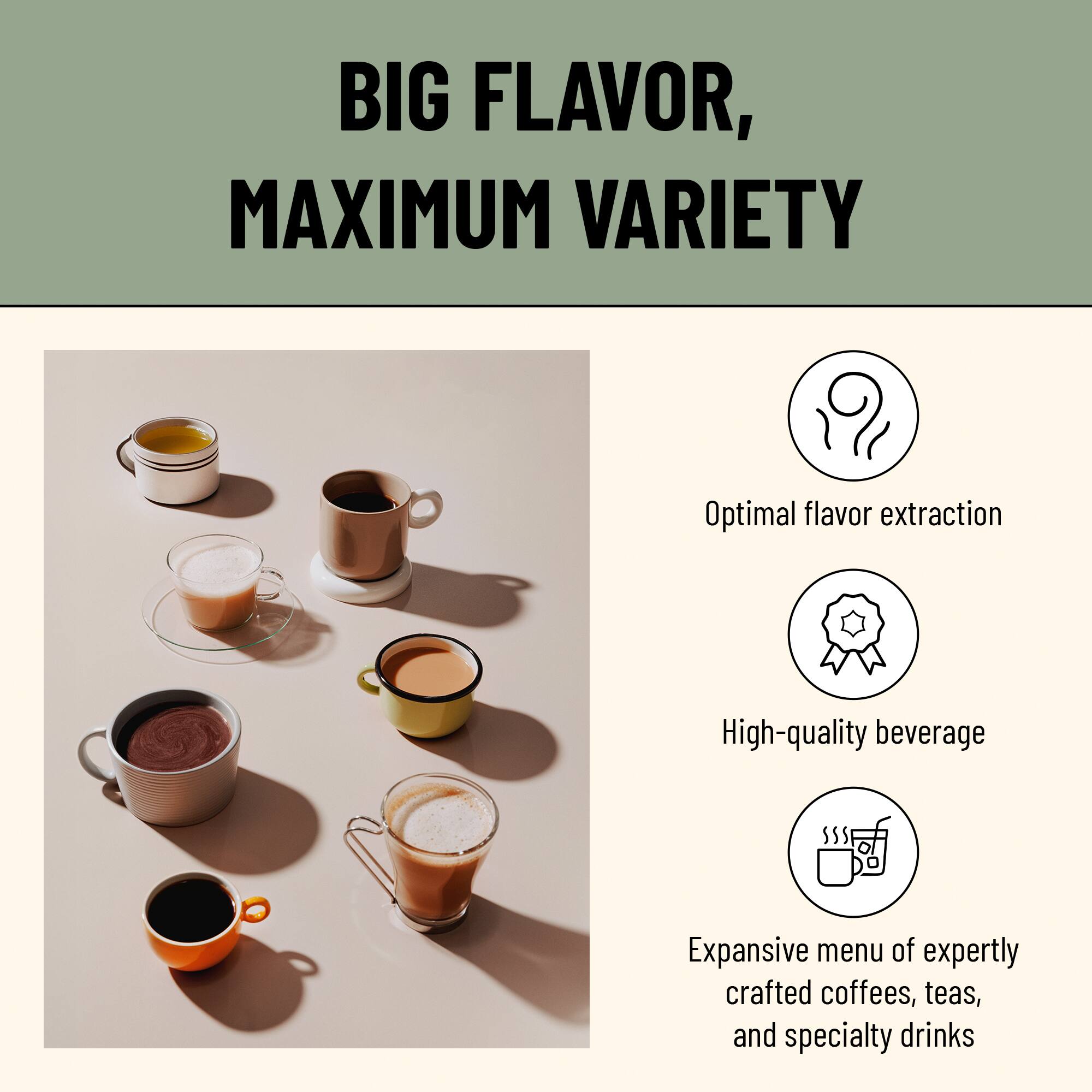 BIG FLAVOR, MAXIMUM VARIETY

- Optimal flavor extraction
- High-quality beverage
- Expansive menu of expertly crafted coffees, teas, and specialty drinks