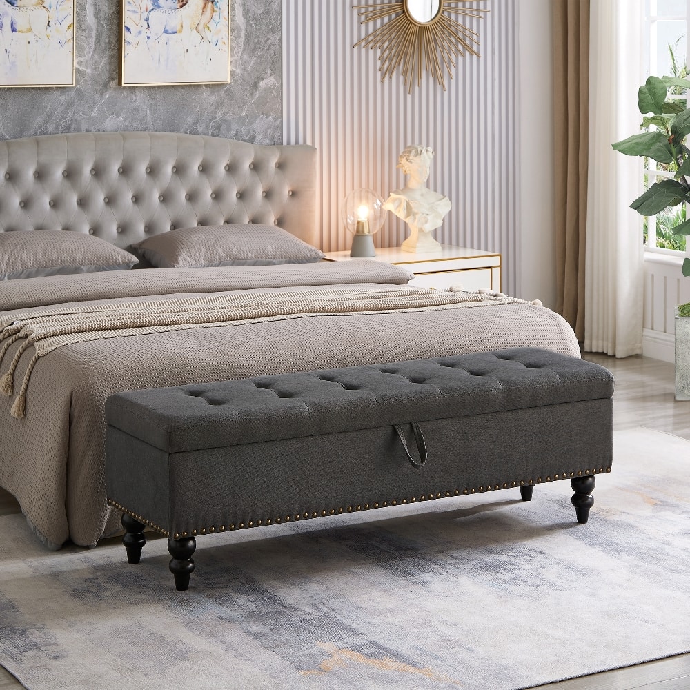 Ropilly - Grey Fabric Storage Bench Tufted End of Bed Ottoman with Wooden Legs Heavy Duty Shoe Bench for Bedroom Hallway - Gray