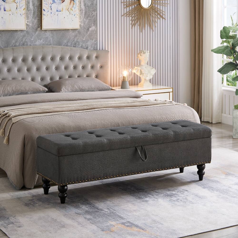 Front. Ropilly - Ropilly Grey Fabric Storage Bench Tufted End of Bed Ottoman with Wooden Legs Heavy Duty Shoe Bench for Bedroom Hallway - Grey.