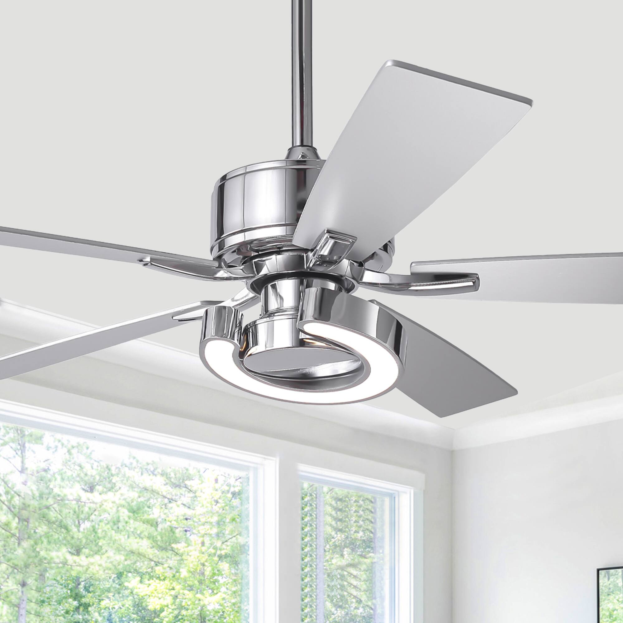Front. Parrot Uncle - 52" Chrome Modern Dimmable LED Indoor Ceiling Fan with Light and Remote - Chrome.