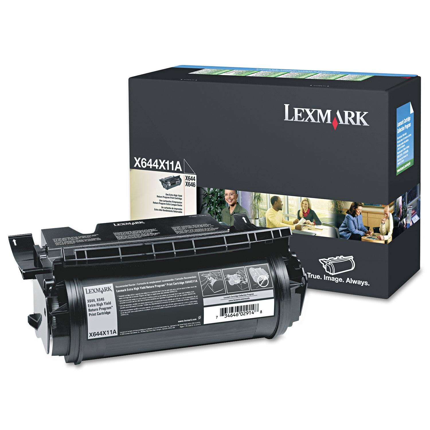 LEXMARK  
X644X11A  
X644  
X646  

True. Image. Always.  

LEXMARK  
X644, X646  
Extra High Yield  
Black Cartridge  
X644X11A  

Recommended for use with Lexmark High Yield Ink Cartridges "X644" and "X646"  
Prints up to 2,500 pages  
Lexmark 100% Satisfaction Guarantee  
www.lexmark.com  

Lexmark Cartridge Program  
www.lexmark.com/cartridgeprogram  

Lexmark  
True. Image. Always.
