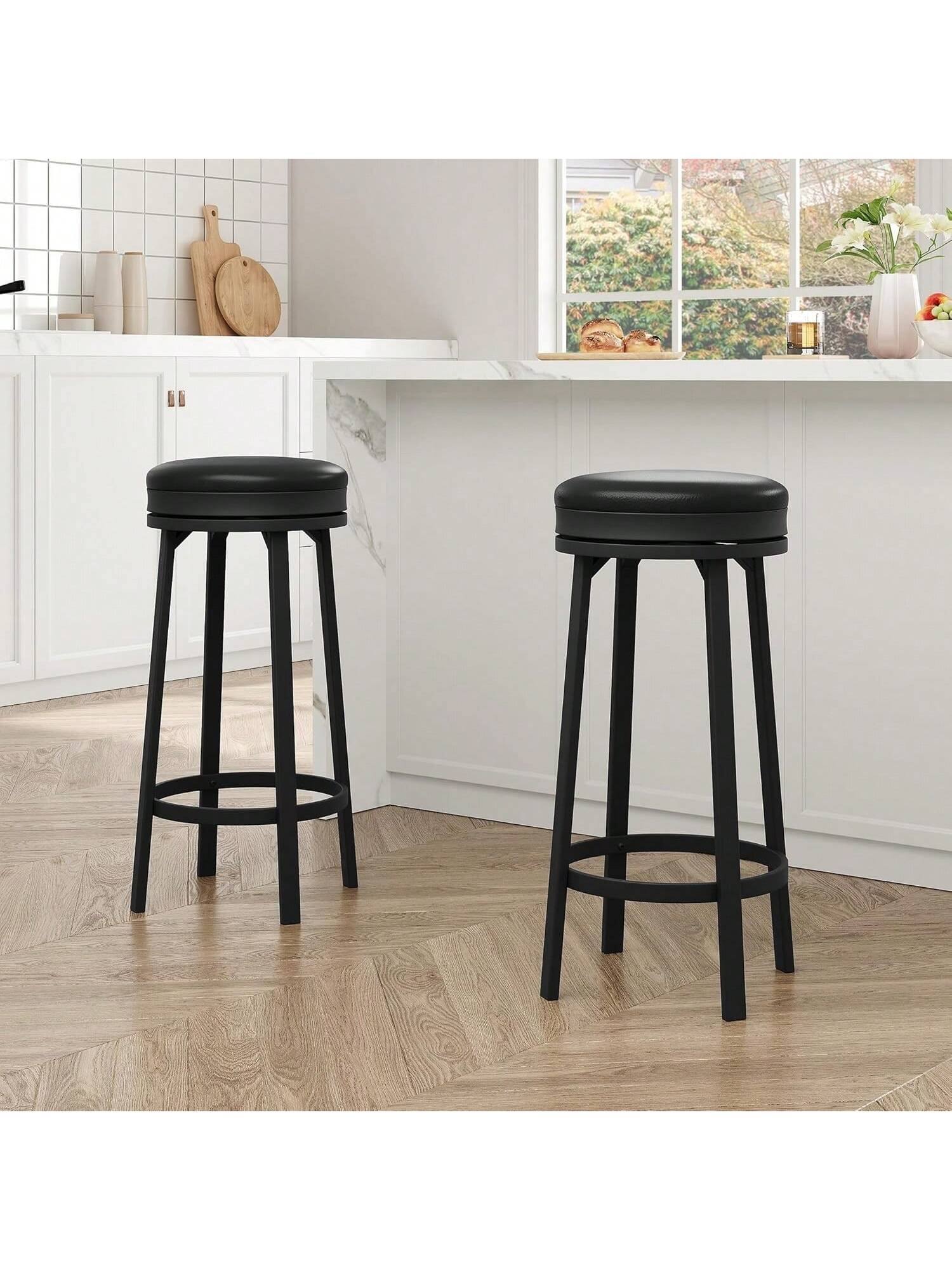 Left. GARVEE - 30" Swivel Bar Stools Set of 2 with Footrest, Modern Counter Height Barstools with PU Leather Upholstered, Black - Black.