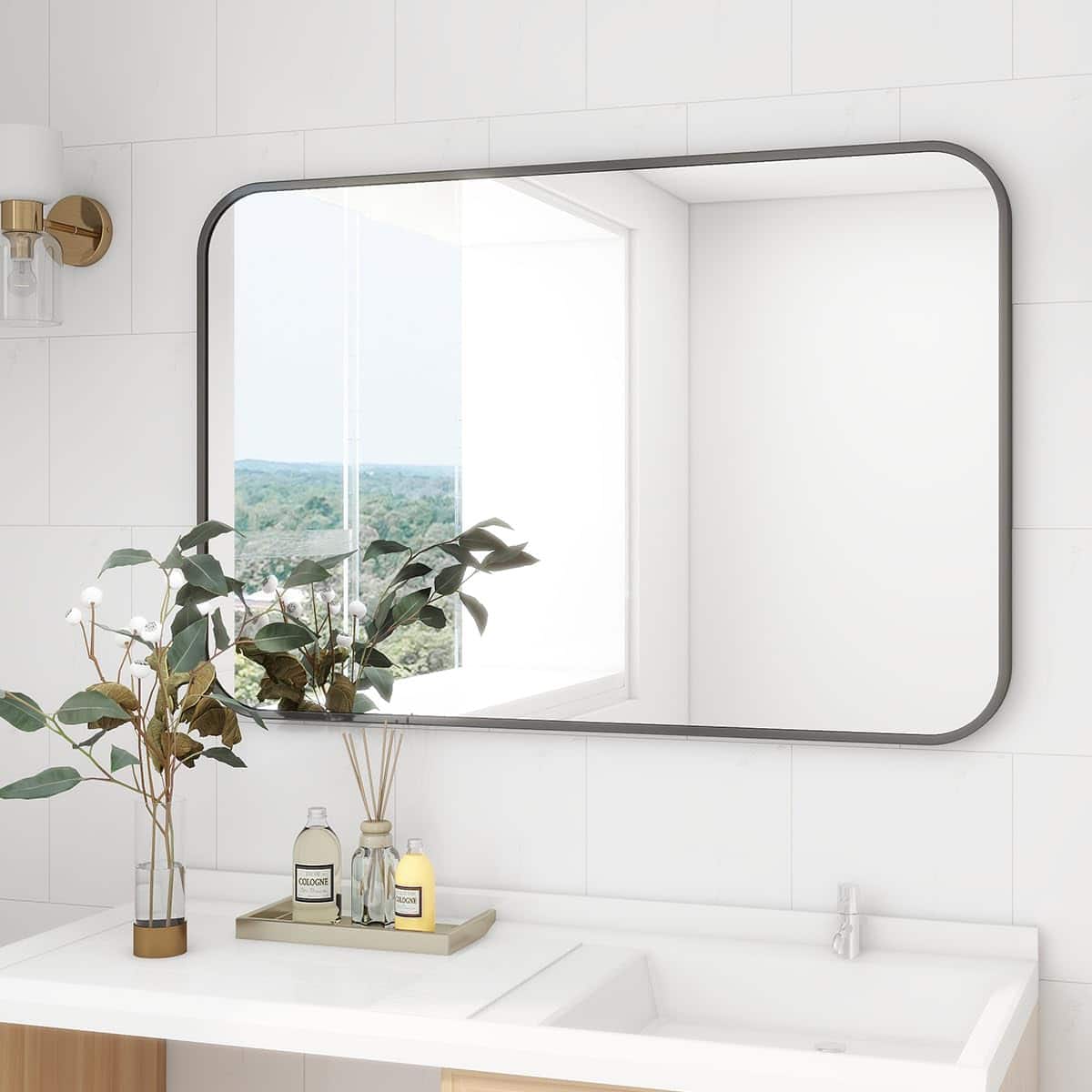 HOMLUX - Rounded Rectangle Wall Mirror Black Aluminum Frame Wall Mounted Modern Decor for Bathroom Bedroom Entryway