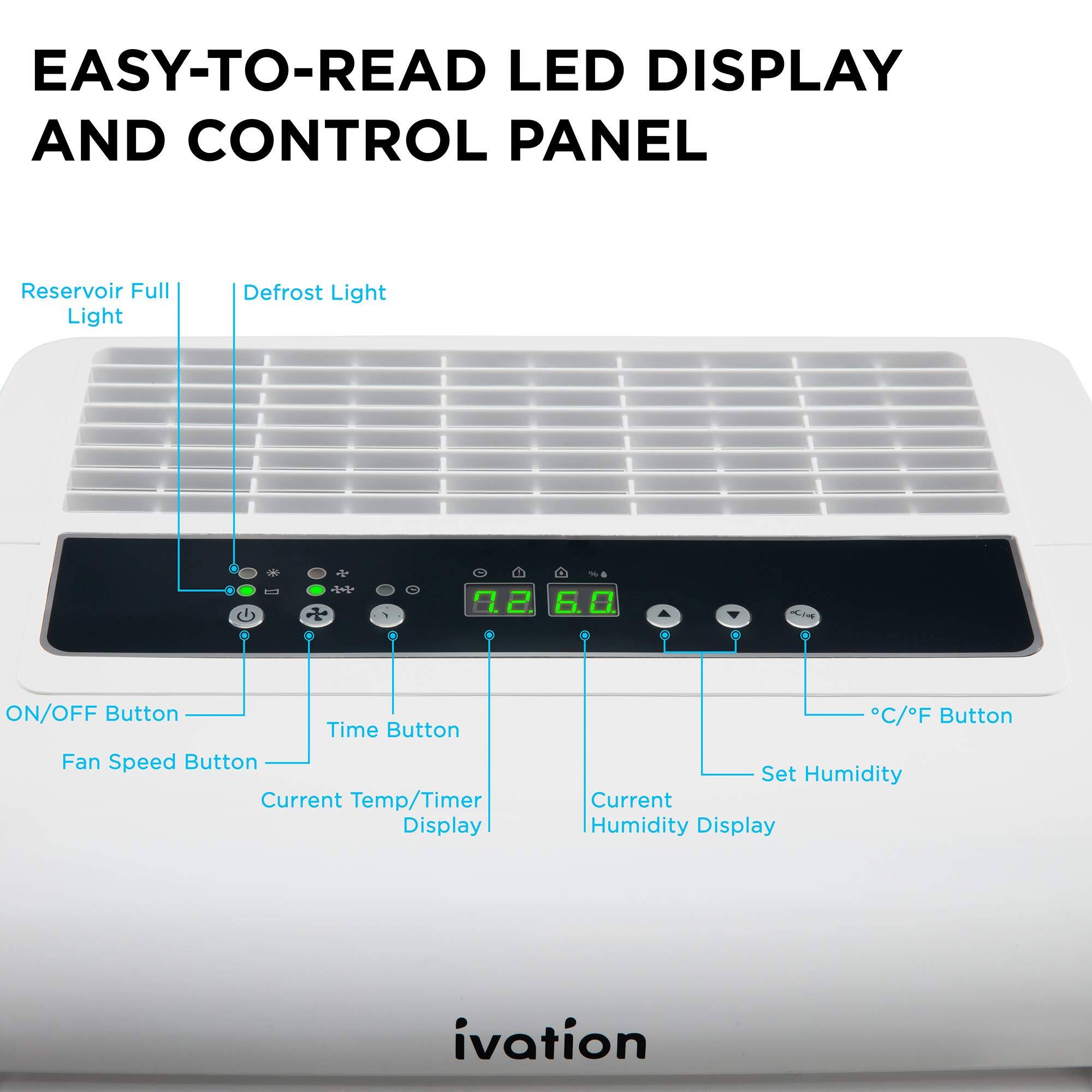 EASY-TO-READ LED DISPLAY AND CONTROL PANEL Reservoir Full Light Defrost Light ON/OFF Button Time Button Fan Speed Button Current Temp/Timer Display C/F Button Set Humidity Current Humidity Display ivation