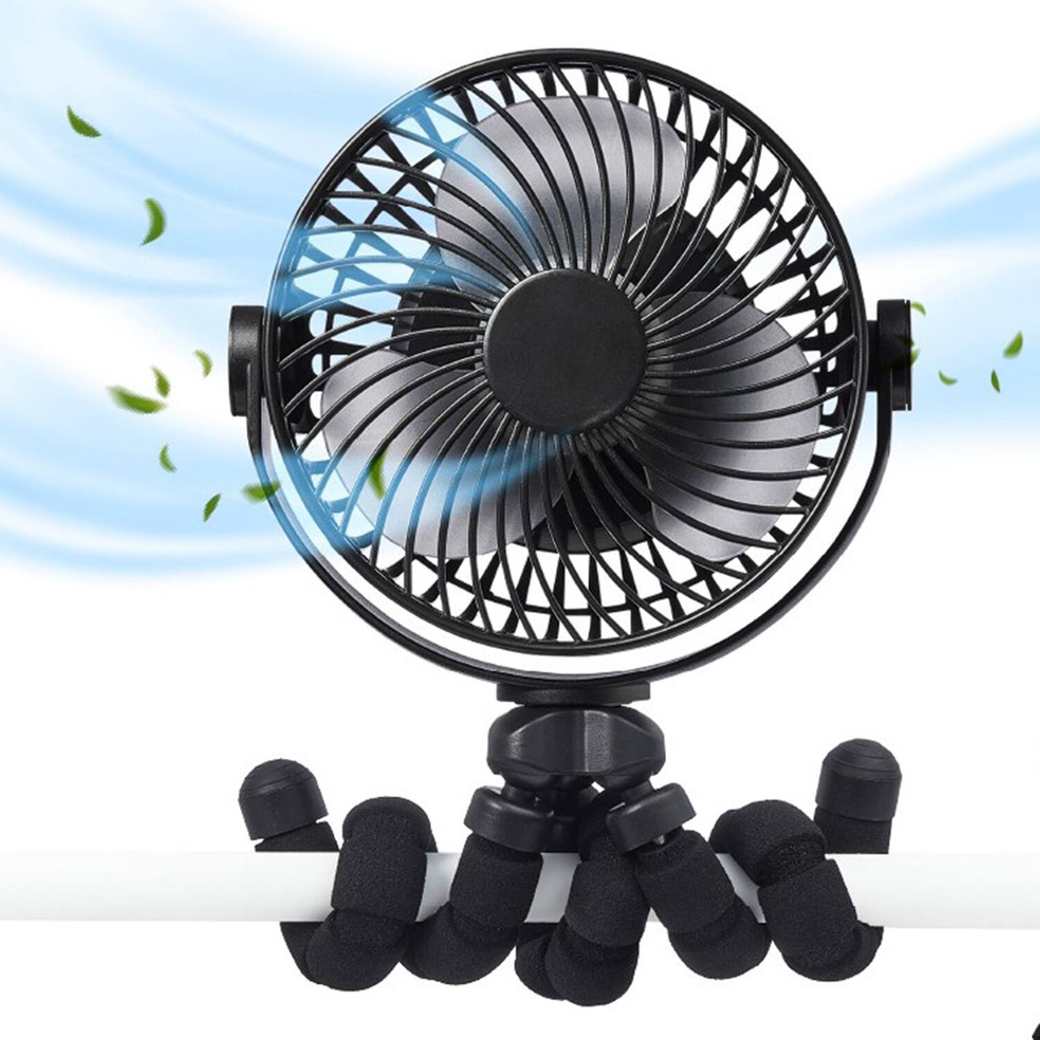 Alt View 1. Airbro - 5" Rechargeable Oscillating Fan/Radio Combo, 4 Speeds, 800mAh Battery, 5 Hr Runtime, 360° Air Flow - Black.