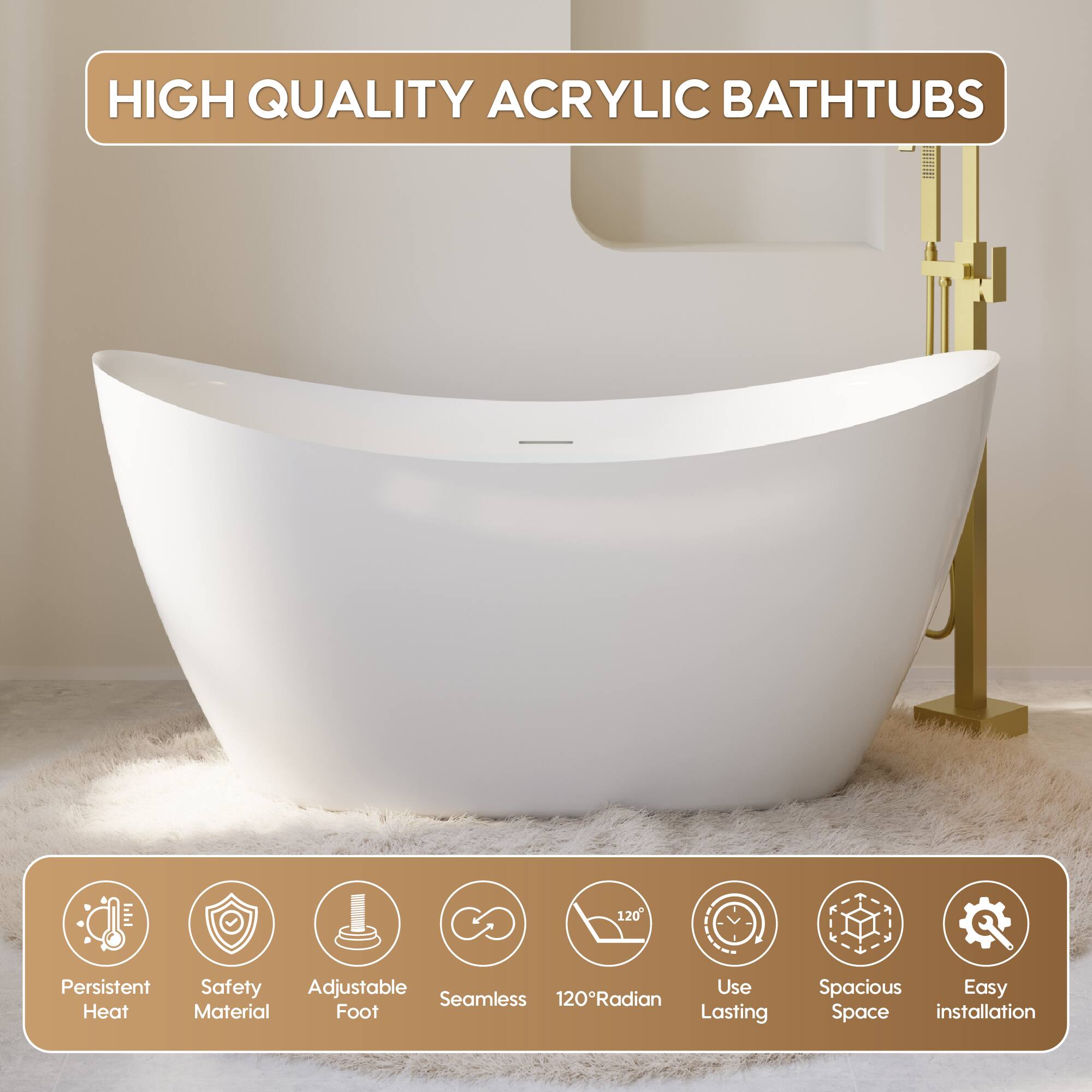 HIGH QUALITY ACRYLIC BATHTUBS

- Persistent Heat
- Safety Material
- Adjustable Foot
- Seamless
- 120° Radian
- Use Lasting
- Spacious Space
- Easy installation