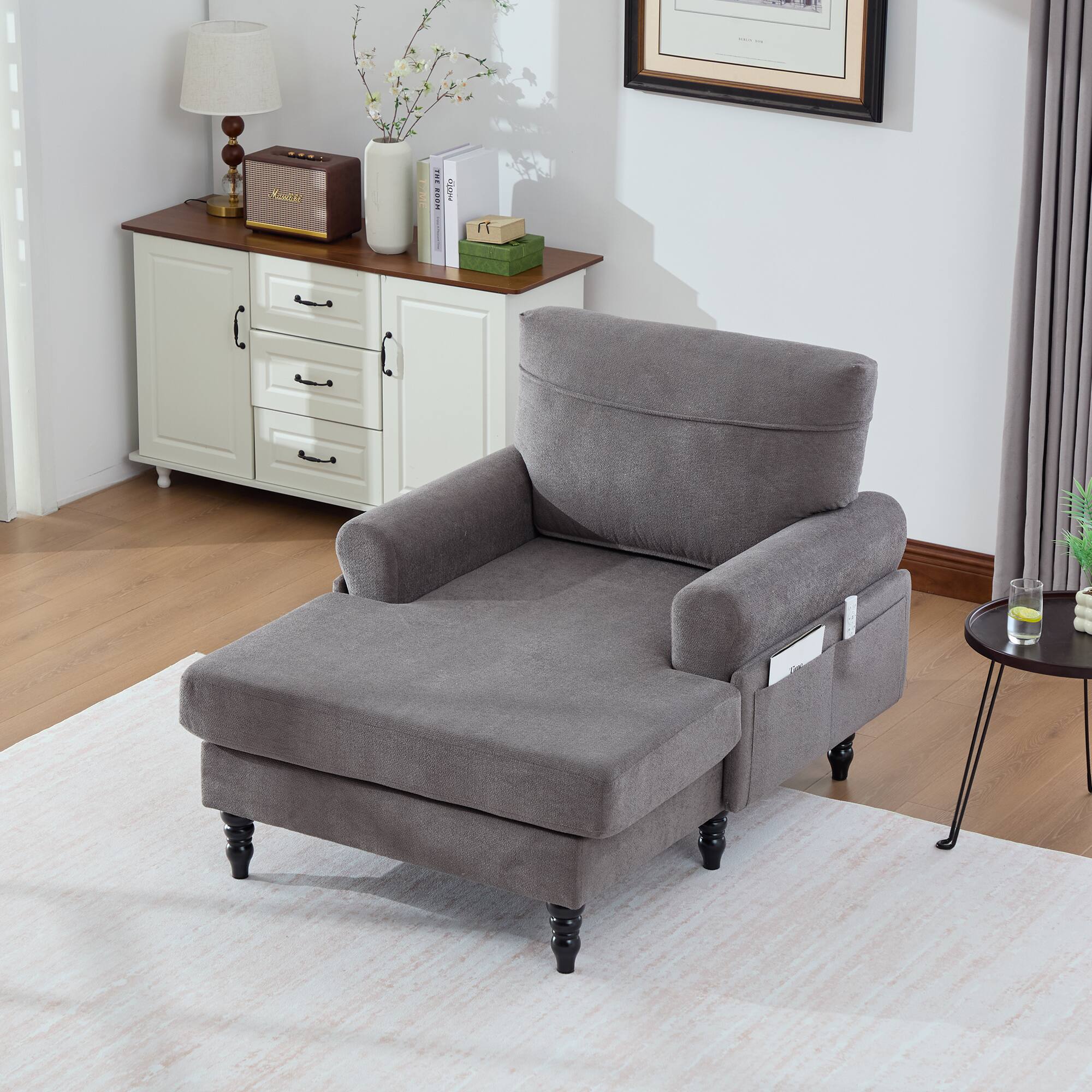 Angle. Trinkets Crazed - Chenille Fabric Chaise Lounge Recliner Single Sofa Living Room Bedroom Rest Chair Wooden Sofa Legs - Dark Gray.
