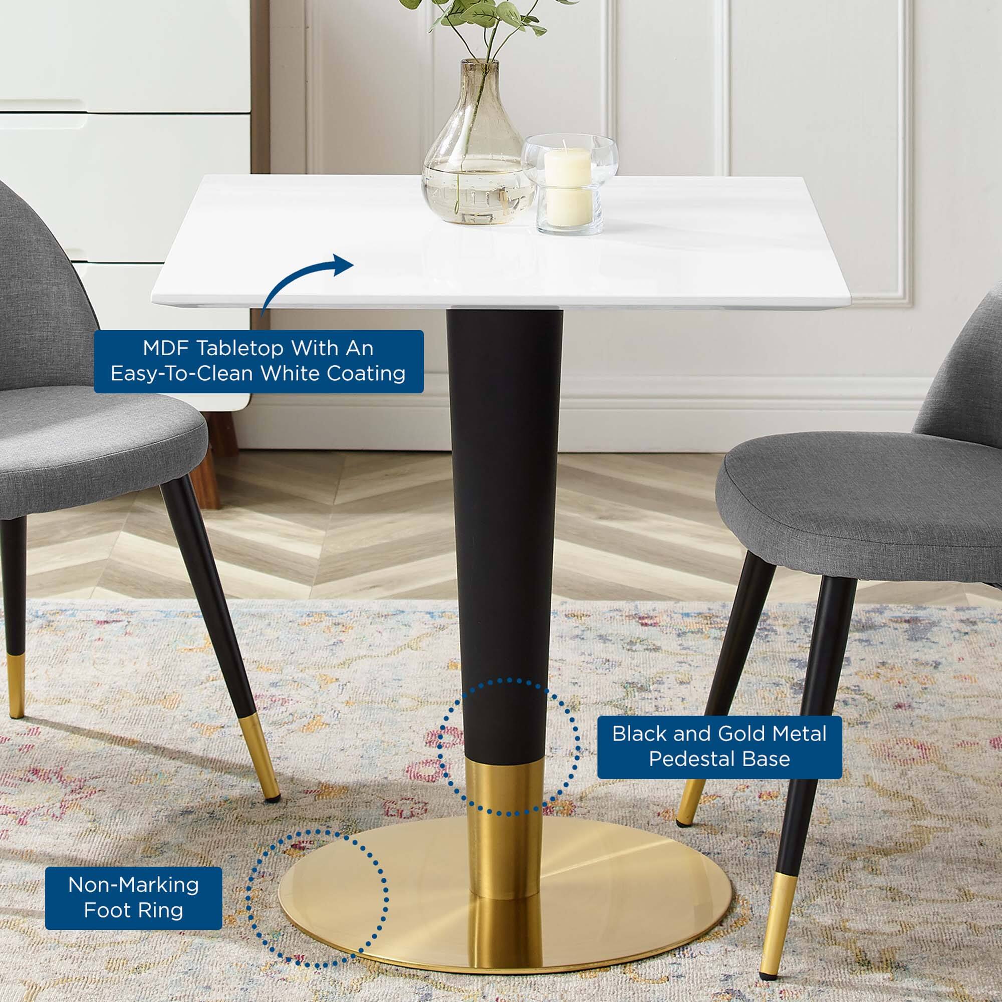 - MDF Tabletop With An Easy-To-Clean White Coating
- Black and Gold Metal Pedestal Base
- Non-Marking Foot Ring