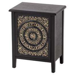 COZAYH - Farmhouse 2 Drawer Home Bedroom Nightstand w/Embossed Flower Motif, Black - Gold & Black