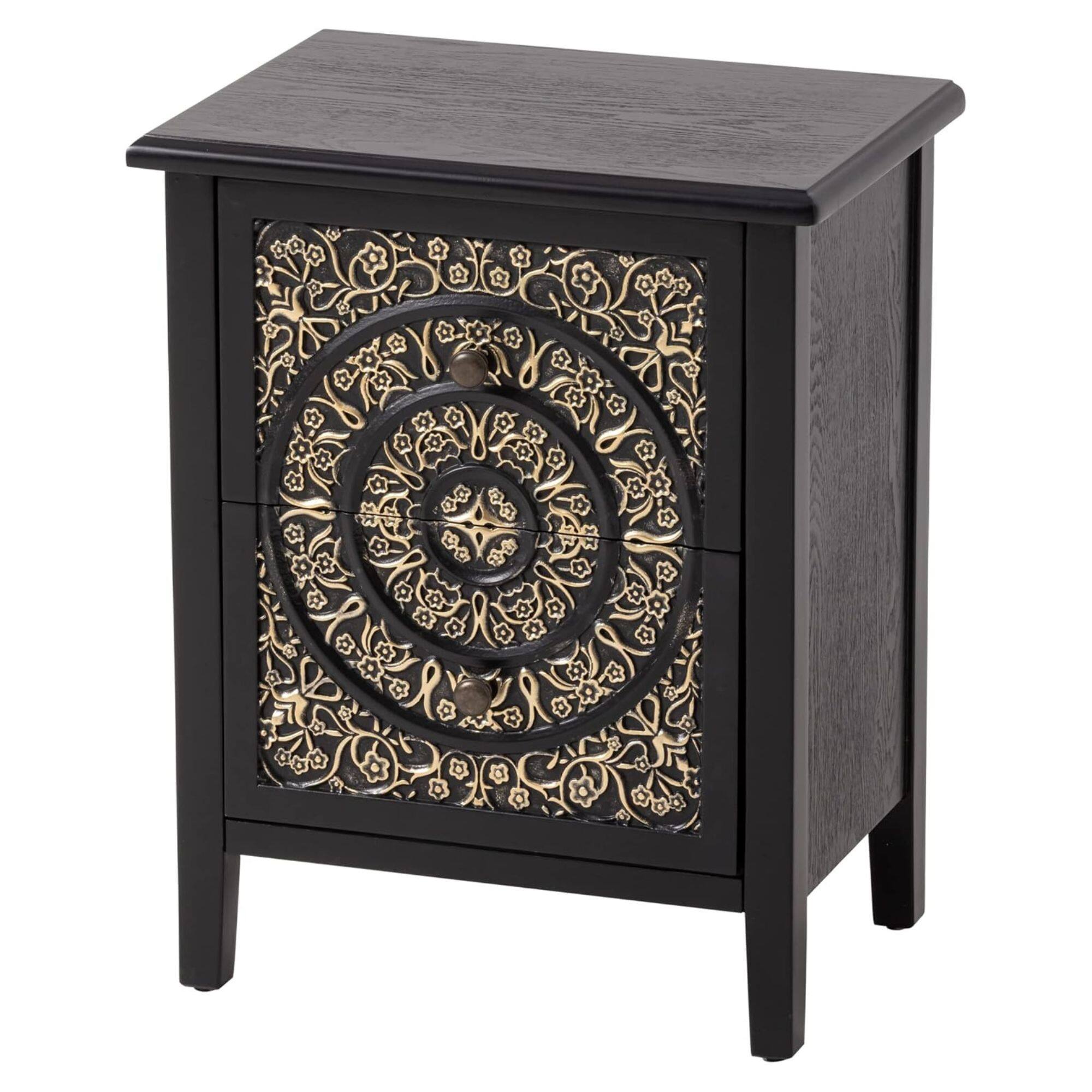 Front. COZAYH - COZAYH Farmhouse 2 Drawer Home Bedroom Nightstand w/Embossed Flower Motif, Black - Gold & Black.