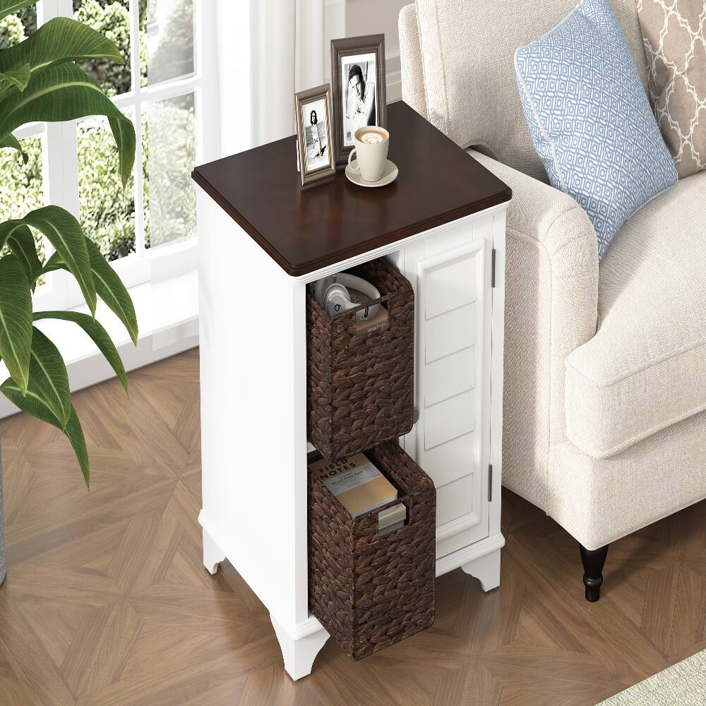 Left. Loheer - Loheer American Style End Table with Woven Baskets Shutter Style Side Table Solid Wood Base Storage Shelf - White.