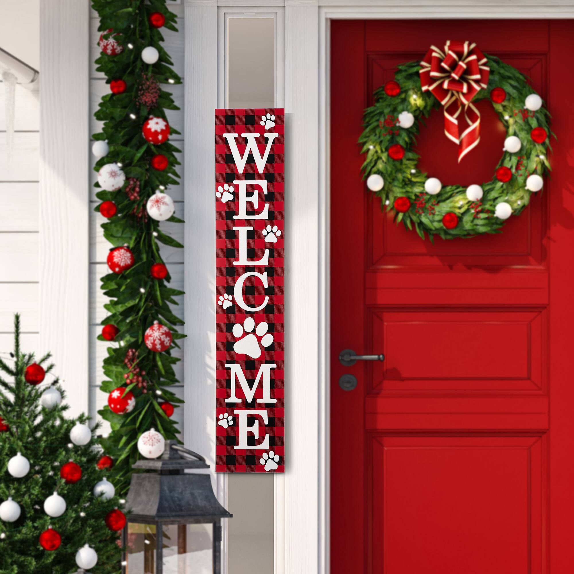 Front. Glitzhome - 42"H Wooden Plaid Pet "WELCOME" Porch Sign - Red.