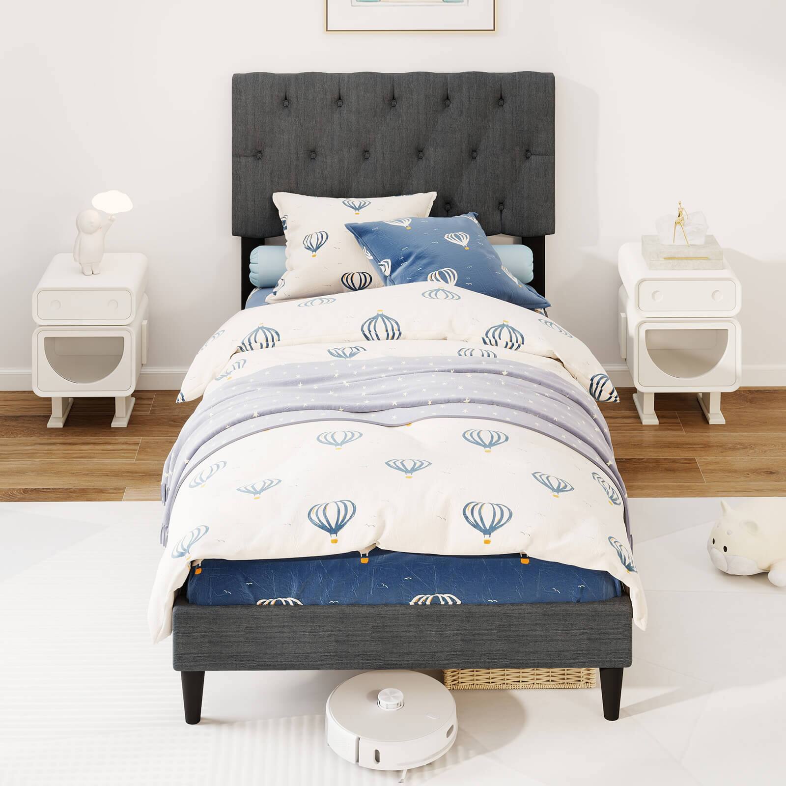 Back. Costway - Twin Size Bed Frame with Button-Tufted Headboard & Wooden Slats Easy Assembly - Gray.