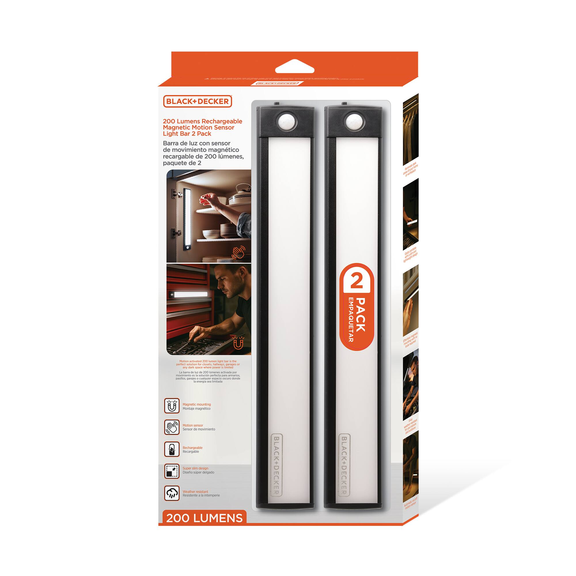 - OCCOLA - 100

"Dellections" chatted

BLACK+DECKER
200 Lumens Rechargeable Magnetic Motion Sensor Light Bar 2 Pack
Barra de luz con sensor de movimiento magnético recargable de 200 lúmenes, paquete de 2

Matient ADVIDO DO imer igno bri the perfect - by deurs, holways, progo ary sei - your United Gome in a a ... - alvair or mepormation . is save seriena in minutes mins passes. calories manu dome - TV inbo

Magnetic mounting Morbje magnético Mation poss Sensor novimients Rechargeuble Reciegable AUDO on sup Destosuper delgado THE resiment better a intempade 200 LUMENS

BLACK+DECKER
2 EMPAQUETAR PACK