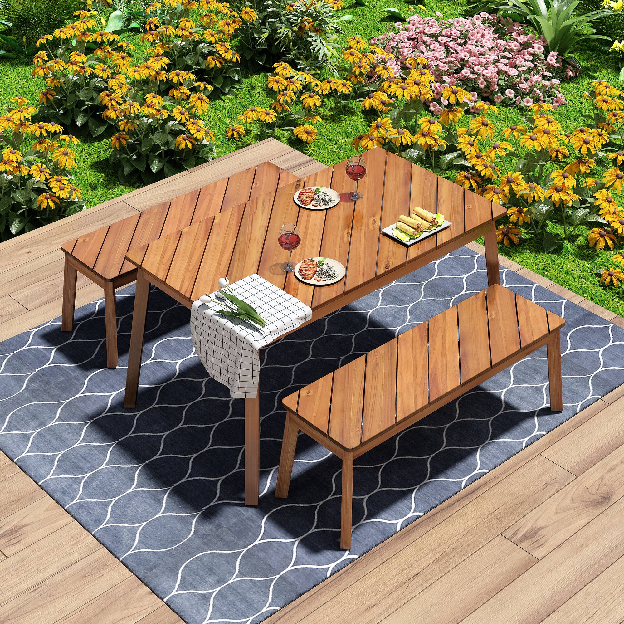 Alt View 1. Whisen - 3-Piece Solid Acacia Wood Dining Set with Table and Two Benches for Patio, Porch & Garden - Natural.