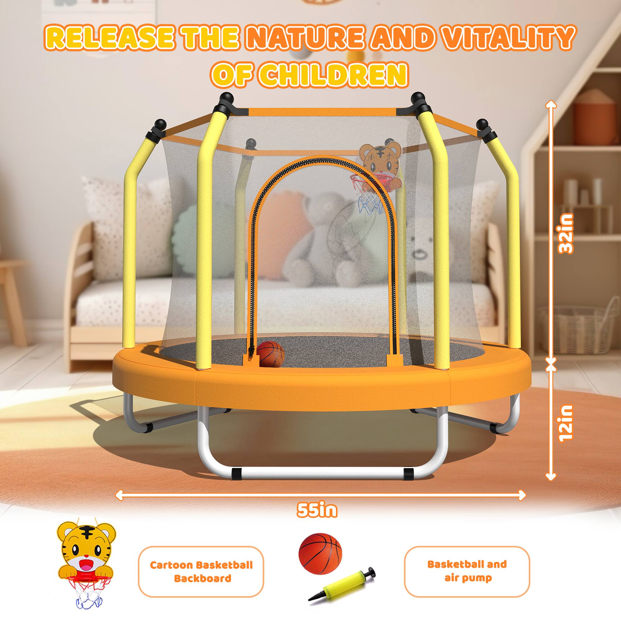 RELEASE THE NATURE AND VITALITY OF CHILDREN

32in  
12in  
55in

Cartoon Basketball Backboard  
Basketball and air pump