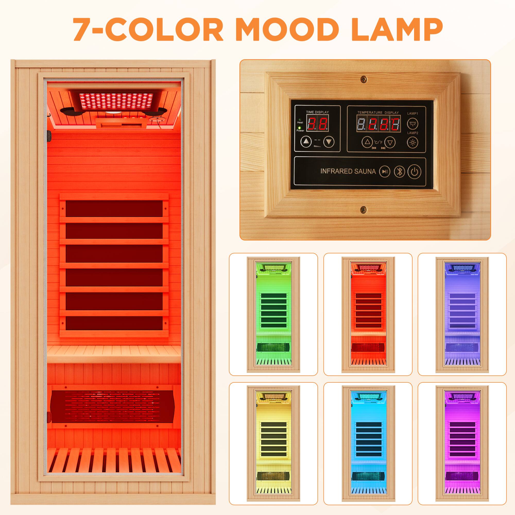 7-COLOR MOOD LAMP

INFRARED SAUNA

TIME DISPLAY 28.8

TEMPERATURE DISPLAY 88.88

LAMP 8 8.888 8 5 AMPI

A : A tF - F