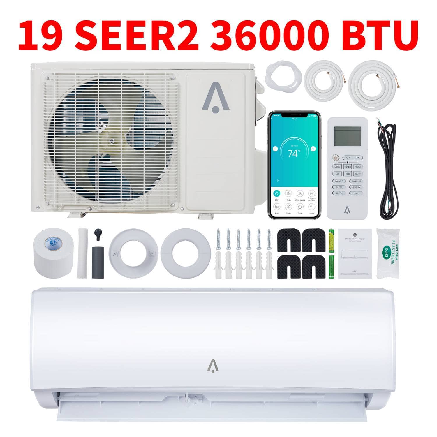 Acekool - 208-230V 19 SEER2 36000 BTU Wifi Enabled Mini Split Air Conditioner, AC Unit & Heater for 2000 Sq.Ft - White