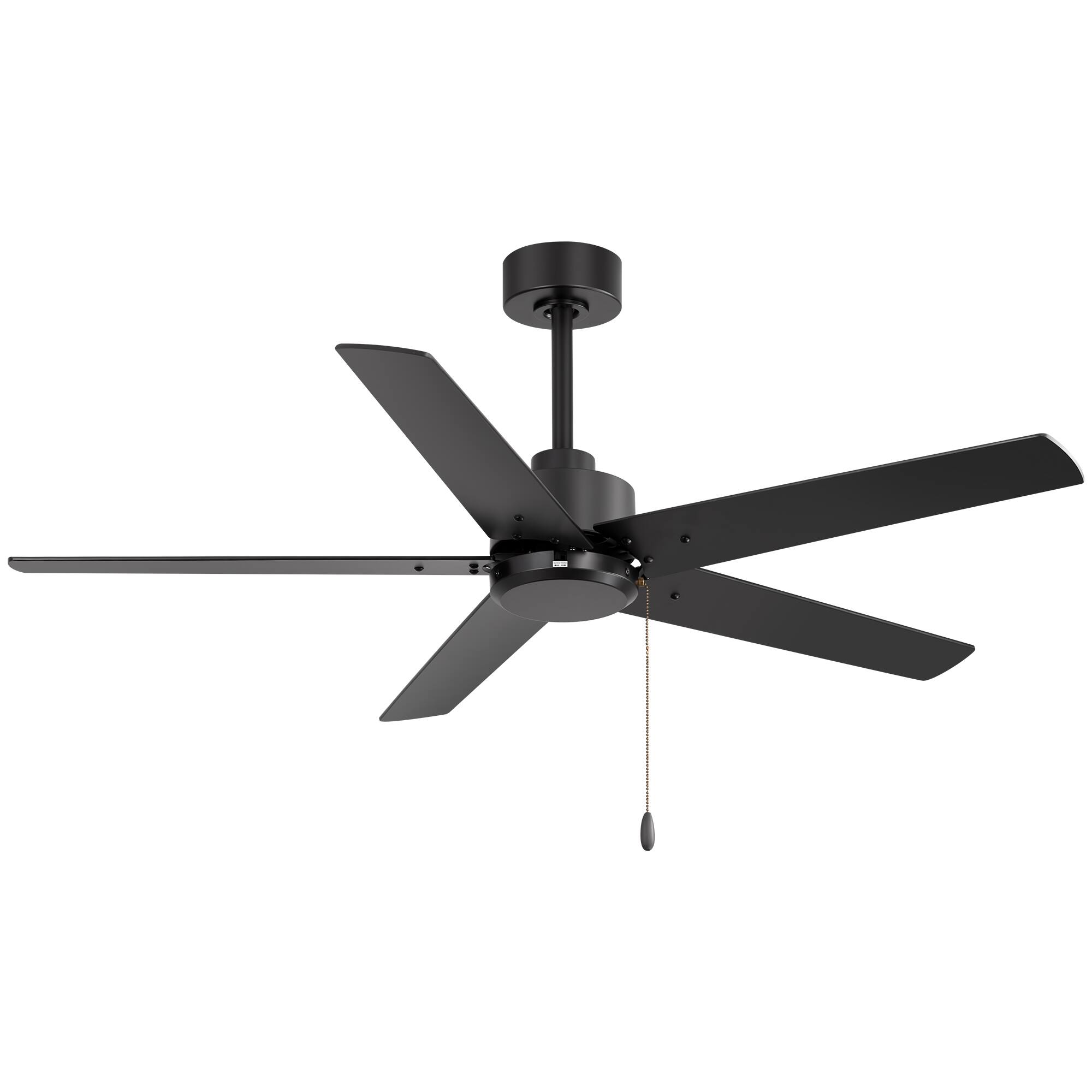 Angle. Breezary - 52-Inch Indoor Ceiling Fan, No-Light, 5 Reversible Plywood Blades, 3-Speed AC Motor, 5/10'' Downrods, Pull Chain Control - Matte Black.