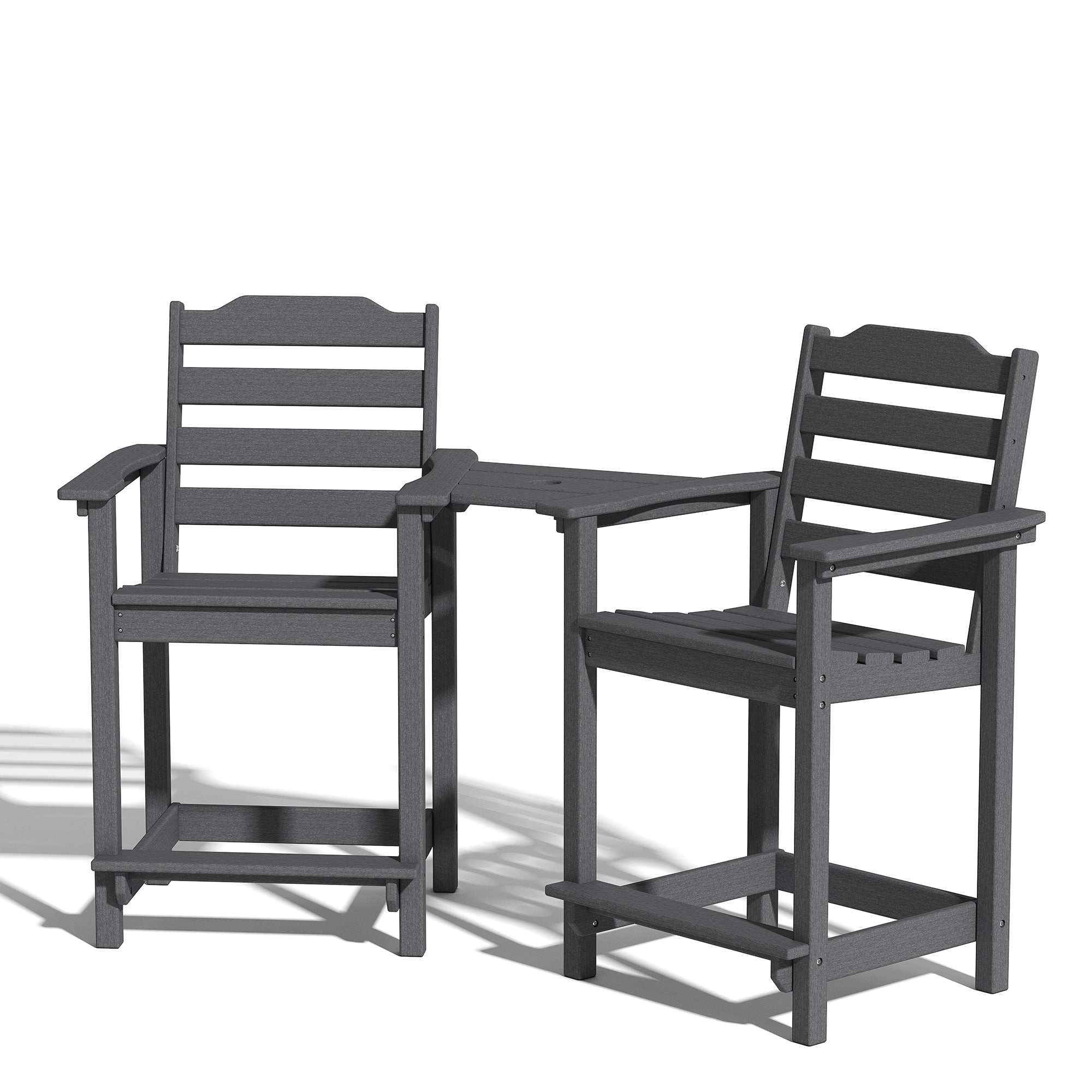 Front. Decksplore - 2-Pack HDPE Tall Chairs with Connecting Tray & Patio Footrest All-Weather Outdoor Use - Grey.