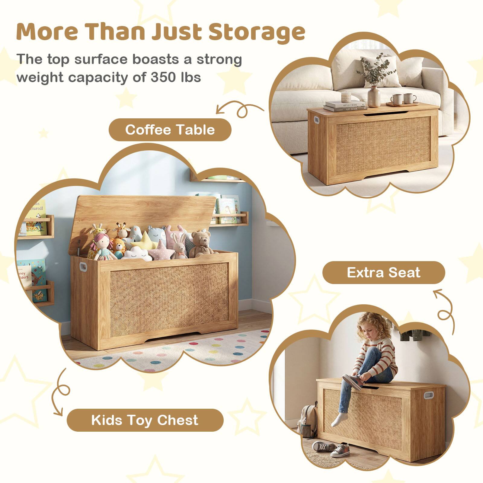 More Than Just Storage

The top surface boasts a strong weight capacity of 350 lbs

Coffee Table

Extra Seat

Kids Toy Chest