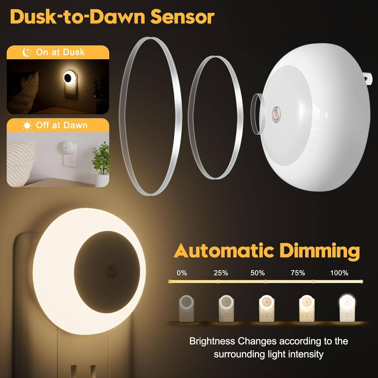 Dusk-to-Dawn Sensor  
- On at Dusk  
- Off at Dawn  

Automatic Dimming  
- 0%  
- 25%  
- 50%  
- 75%  
- 100%  

Brightness Changes according to the surrounding light intensity