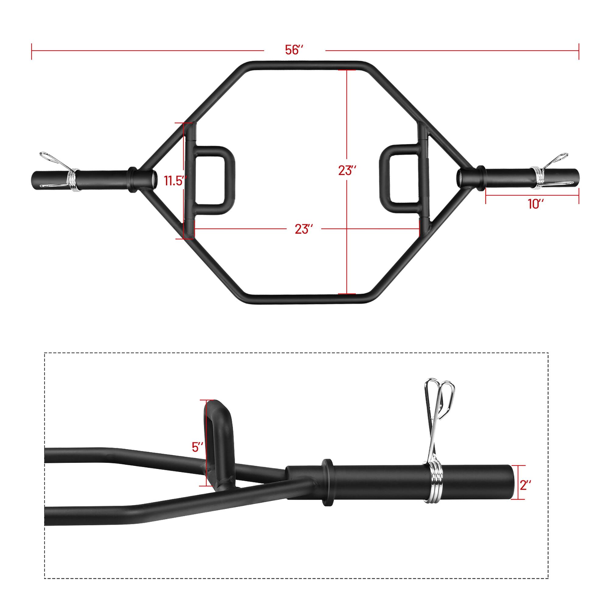 The text on the image is grouped and corrected as follows:

1. 56 inches: The length of the barbell.
2. 11.5 inches: The width of the barbell.
3. 23 inches: The height of the barbell.
4. 10 inches: The height of the barbell.
5. 23 inches: The height of the barbell.
6. 5 inches: The width of the barbell.
7. 2 feet: The height of the barbell.