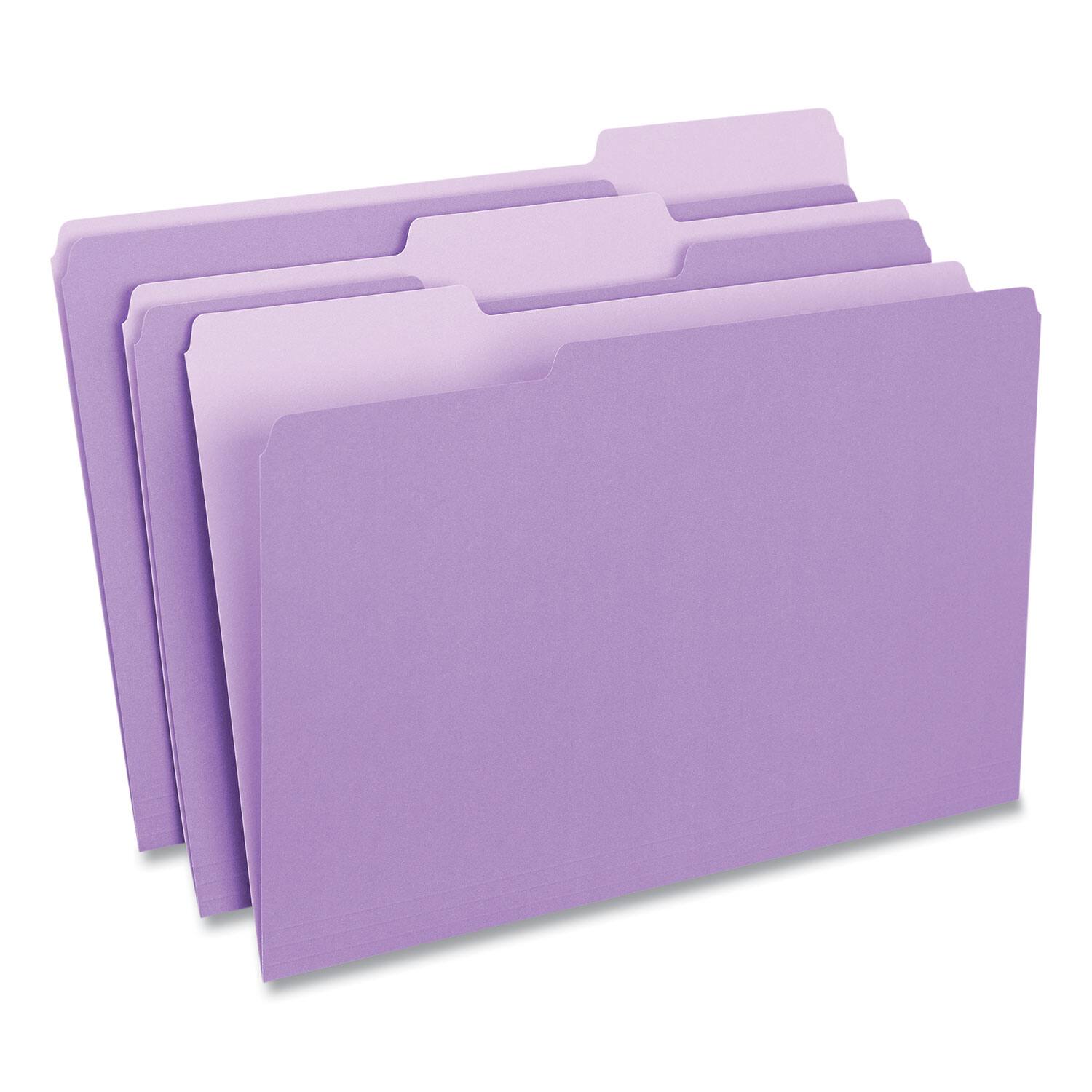 Angle. Universal - Deluxe Colored Top Tab File Folders, 1/3-Cut Tabs: Assorted, Legal Size, Violet/Light Violet, 100/Box.