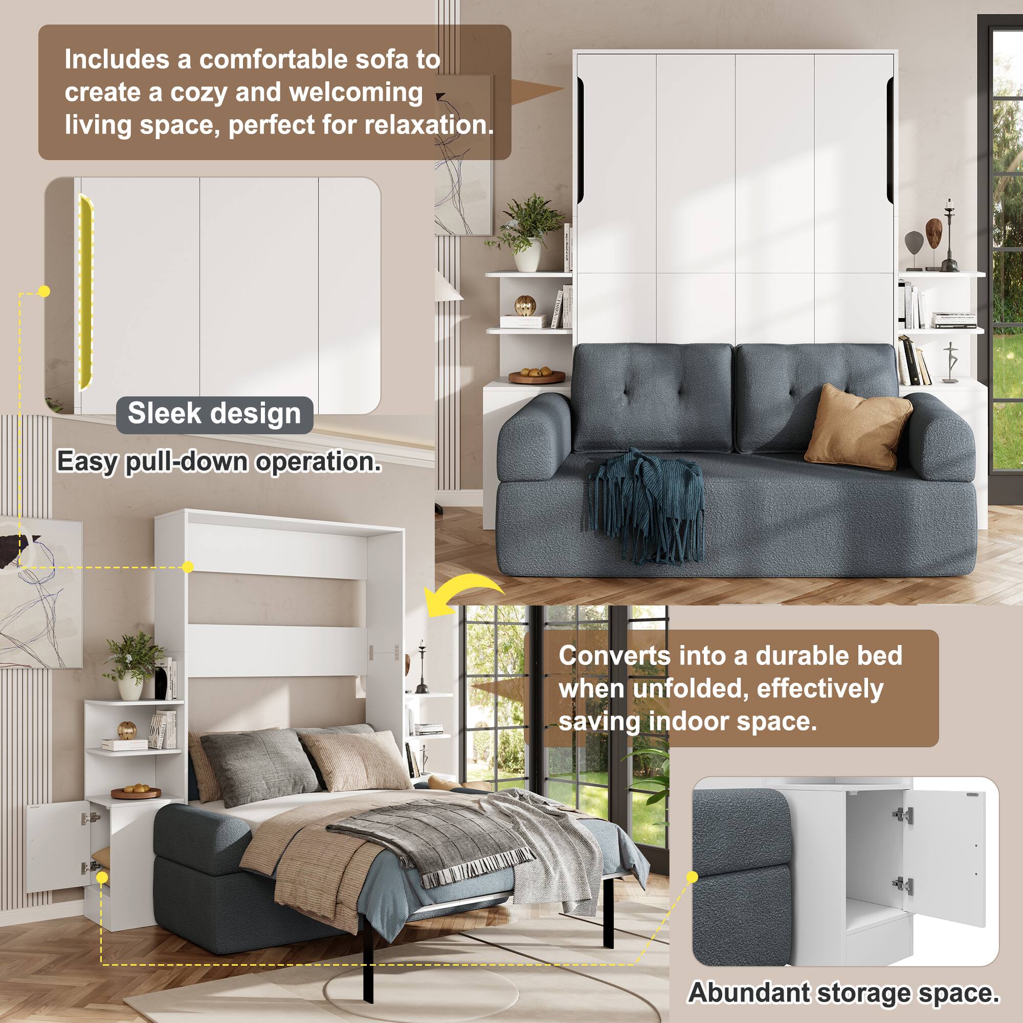 Includes a comfortable sofa to create a cozy and welcoming living space, perfect for relaxation. Sleek design. Easy pull-down operation. Converts into a durable bed when unfolded, effectively saving indoor space. Abundant storage space.