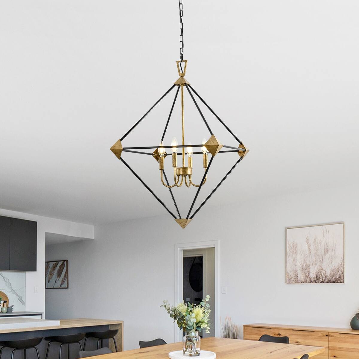 Loheer Four Light Pendant Chandelier Matte Black and Antique Gold ...
