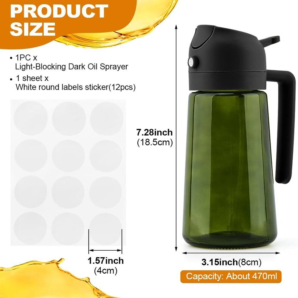 PRODUCT SIZE

- 1PC x Light-Blocking Dark Oil Sprayer
- 1 sheet x White round labels sticker (12pcs)

7.28inch (18.5cm)

1.57inch (4cm)

3.15inch (8cm)

Capacity: About 470ml