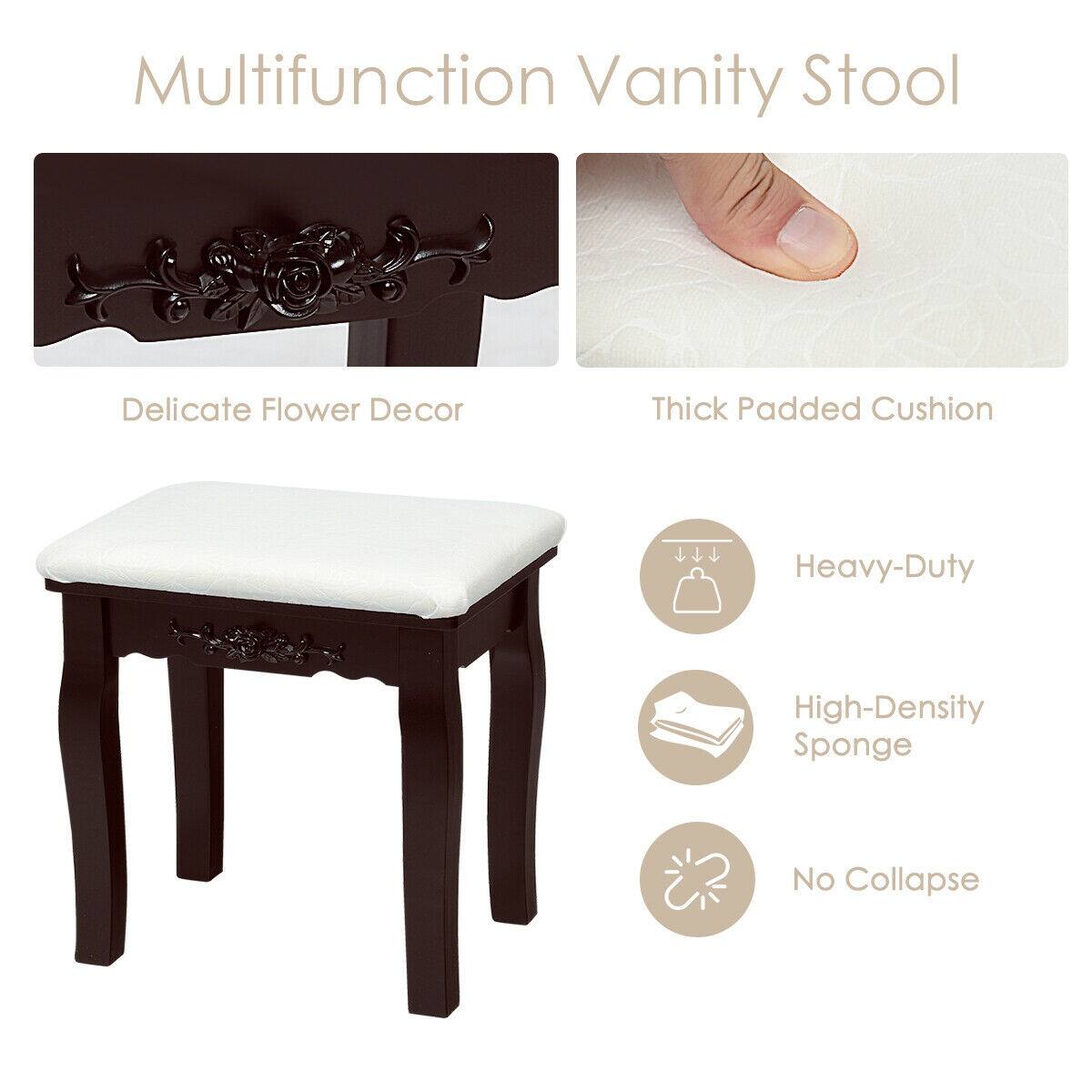 Multifunction Vanity Stool
Delicate Flower Decor
Thick Padded Cushion
Heavy-Duty
High-Density Sponge
No Collapse