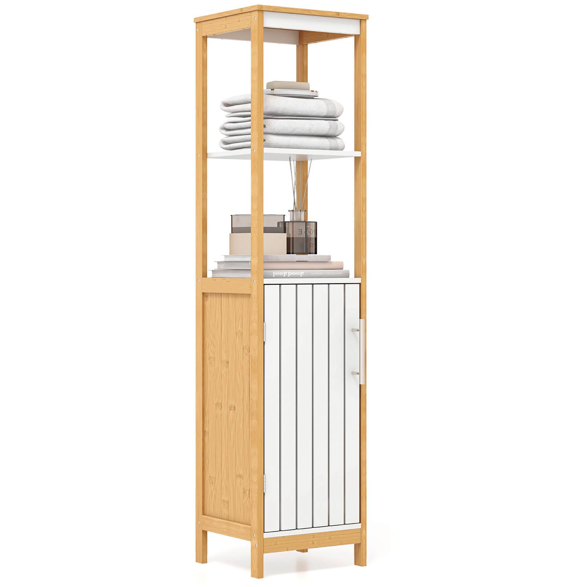 Gymax - Tall Bathroom Floor Cabinet Bamboo Bathroom Storage w/Adjustable Shelf &Cupboard - White, Natural