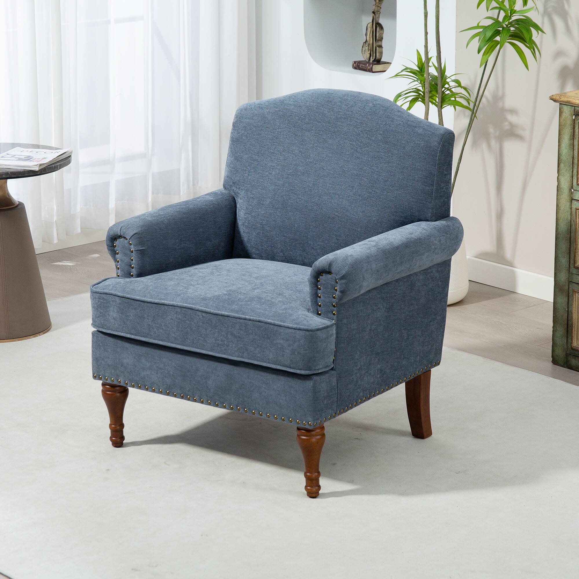 Front. COWLOWN - Accent Chair with Nailhead Trim Chenille Club Armchair with Spring Cushions Wood Legs for Living Room Bedroom Grey - Grey.