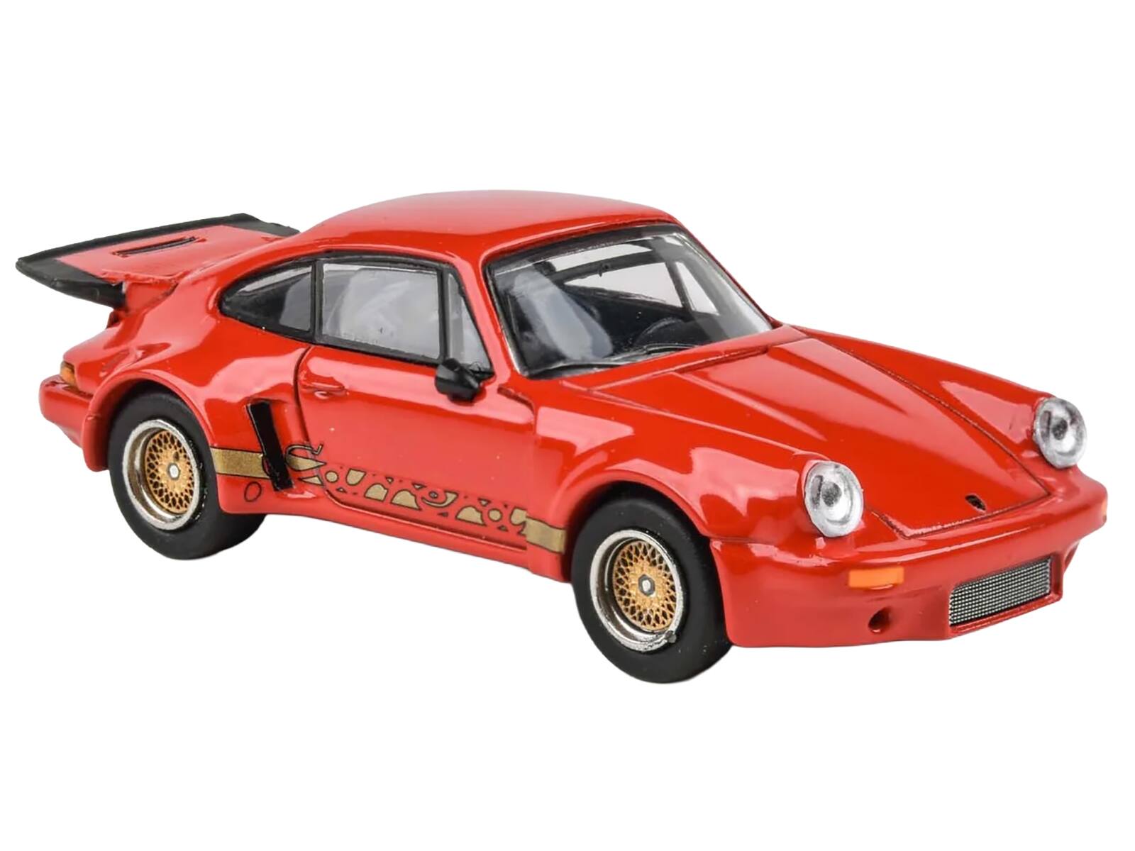 Angle. Paragon - Porsche 911 Carrera RSR 3.0 Guards Red with Gold Stripes and Wheels 1/64 Diecast Model Car by Paragon Models - Red and Gold.