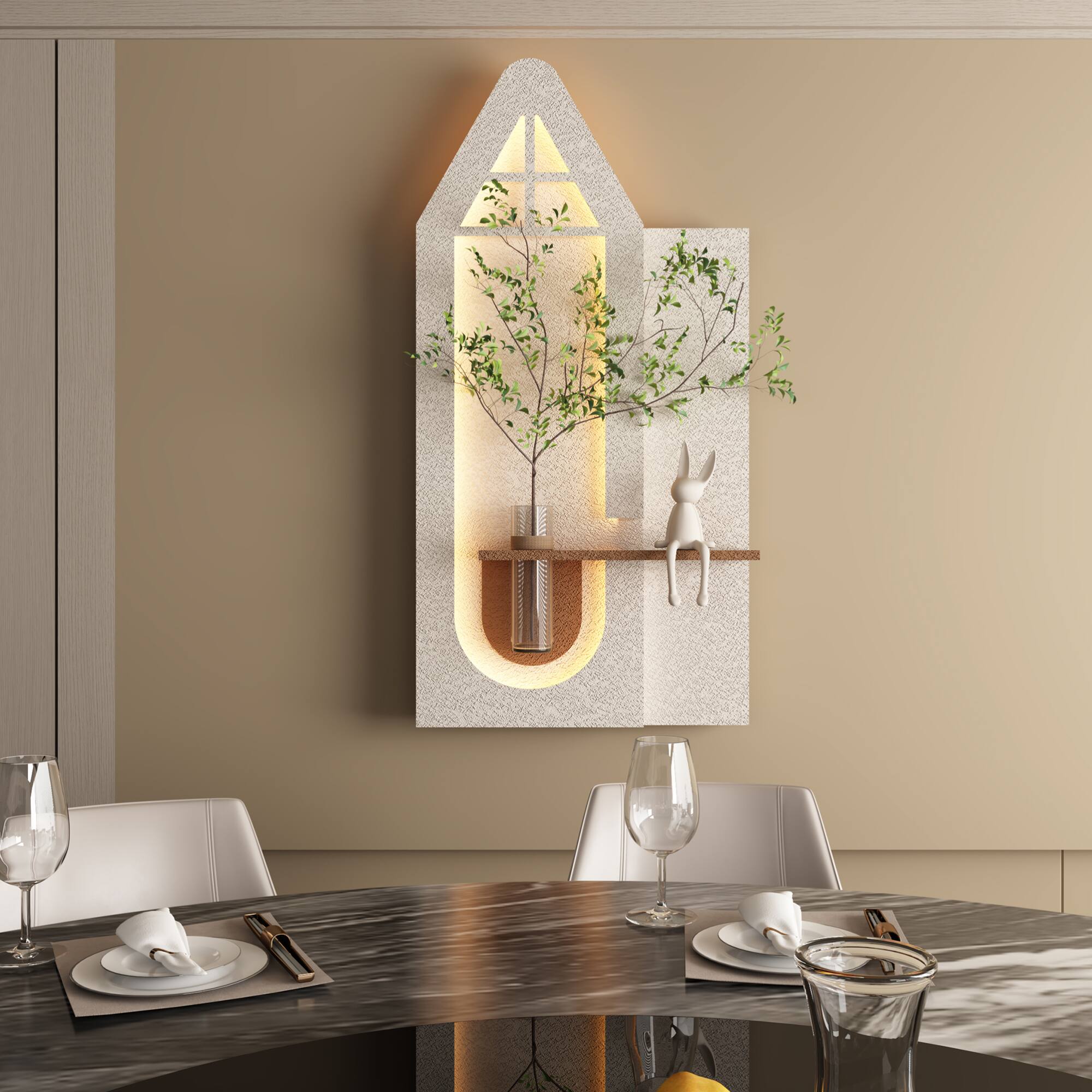 Angle. GOODSILO - Adjustable Multi-Color LED Sandstone Wall Art with Artificial Greenery and Decorative Accents - Light Coffee.