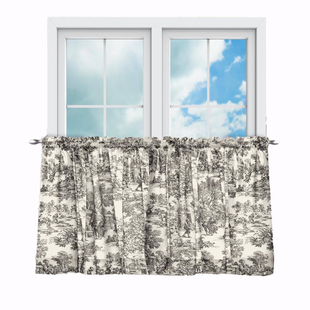Front. Ellis Curtain - Ellis Curtain Victoria Park Toile Room Darkening Window Rod Pocket Pair Set With 2 Tiers 2 Piece 68" x 30" Black - Black.