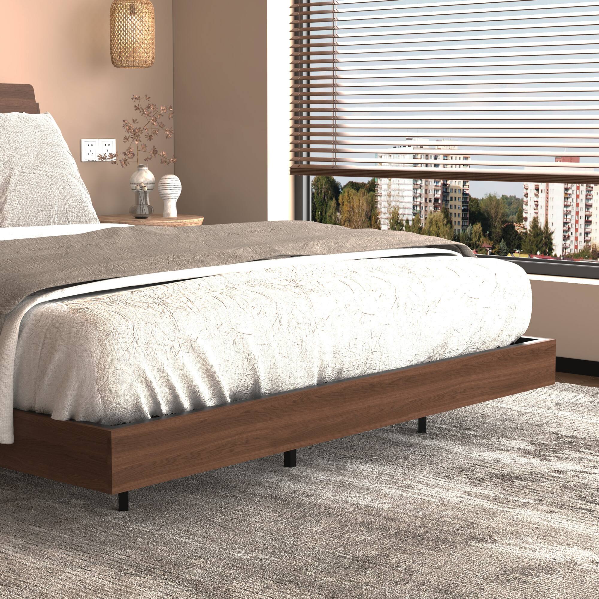 Alt View 5. GOODSILO - Queen Size Floating Bed Frame with LED Lights and Storage Headboard, Includes Charging Station and Easy Assembly Design - Walnut.