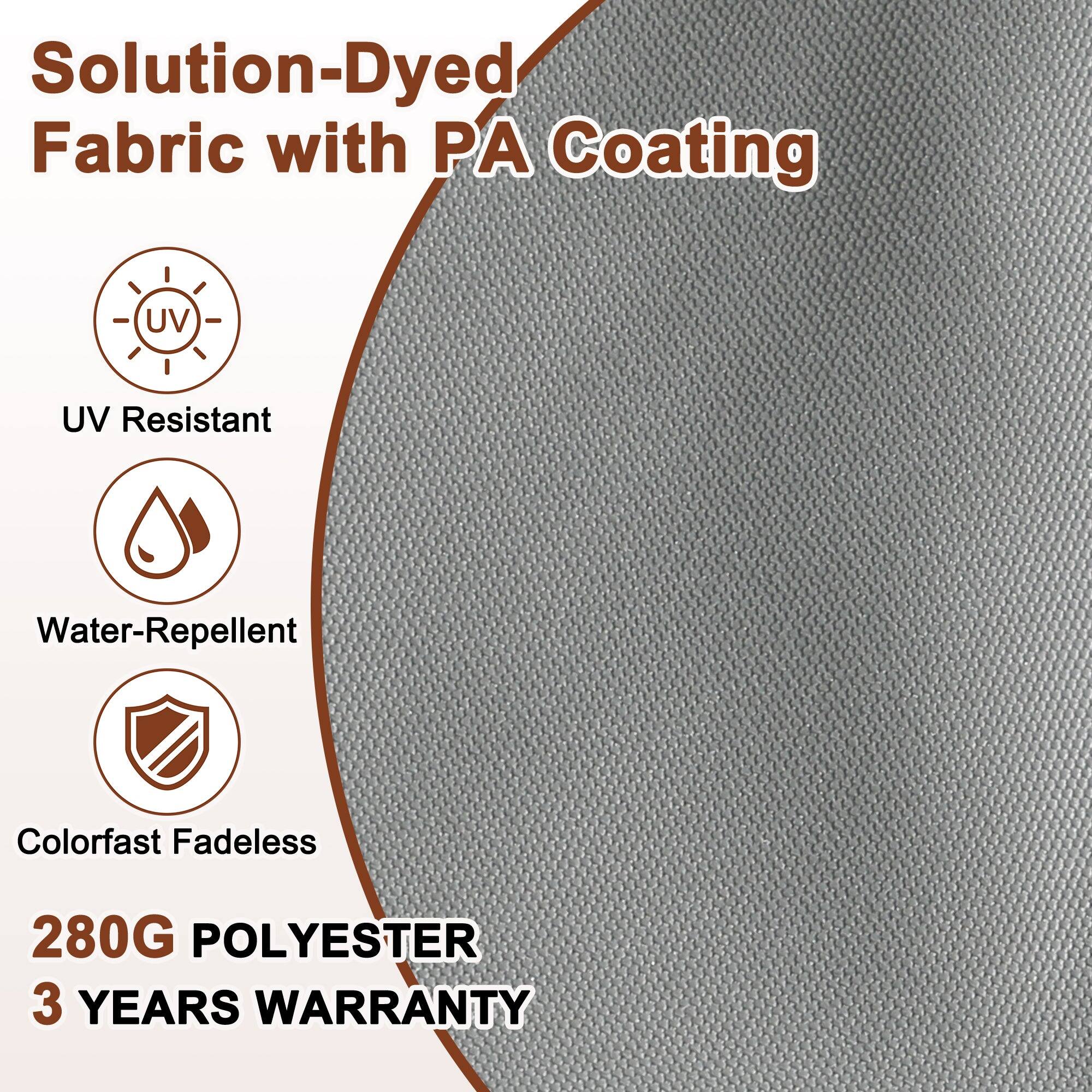 Solution-Dyed Fabric with PA Coating  
UV Resistant  
Water-Repellent  
Colorfast Fadeless  
280G POLYESTER  
3 YEARS WARRANTY