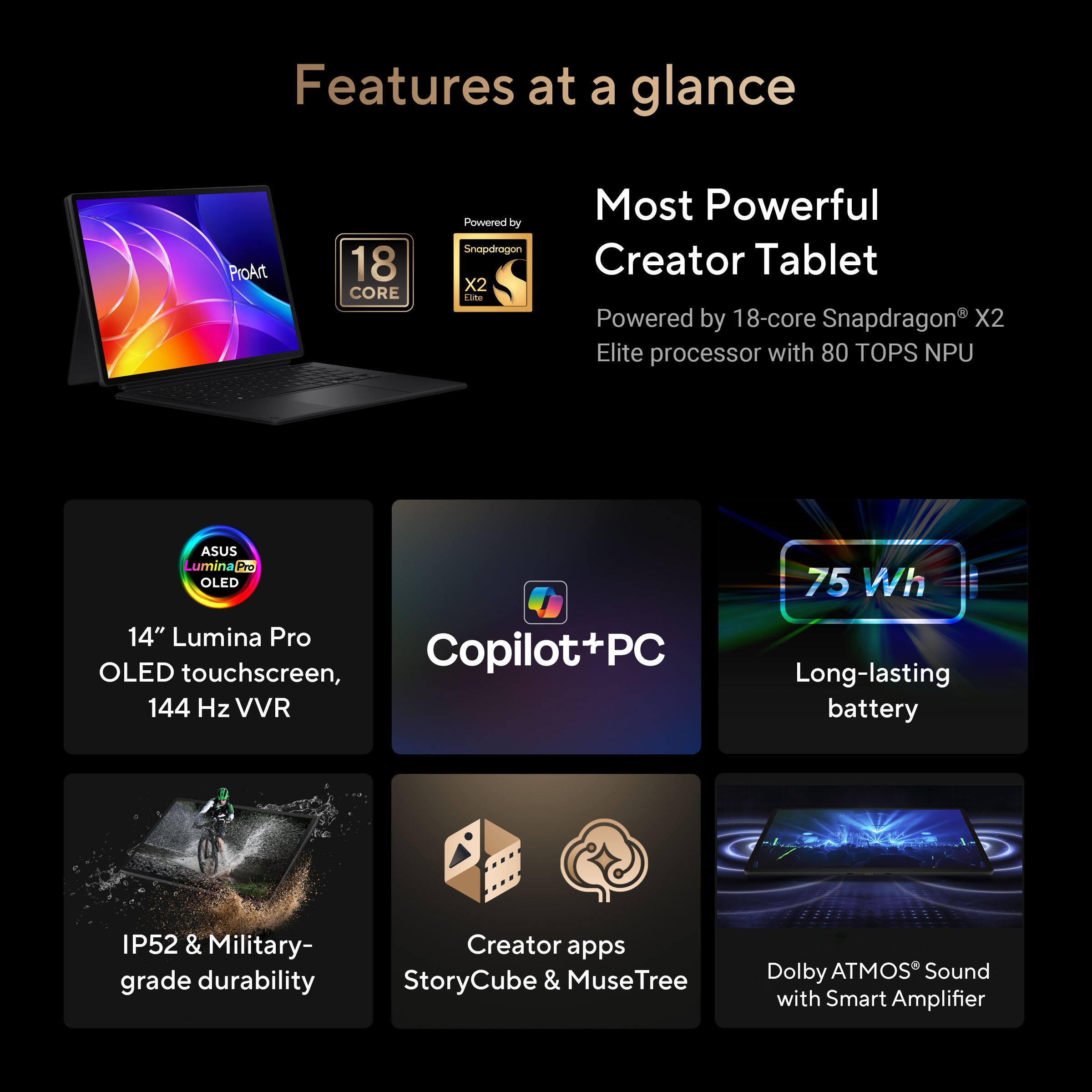 Features at a glance

- Most Powerful Creator Tablet
  - Powered by 18-core Snapdragon® X2 Elite processor with 80 TOPS NPU

- 14" Lumina Pro OLED touchscreen, 144 Hz VVR

- 75 Wh Long-lasting battery

- IP52 & Military-grade durability

- Creator apps: StoryCube & MuseTree

- Dolby ATMOS® Sound with Smart Amplifier