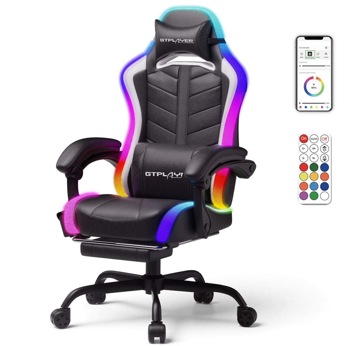 GTPlayer - Gaming Chair with RGB LED Lights Ergonomic High Back Faux Leather Computer Chair - Black