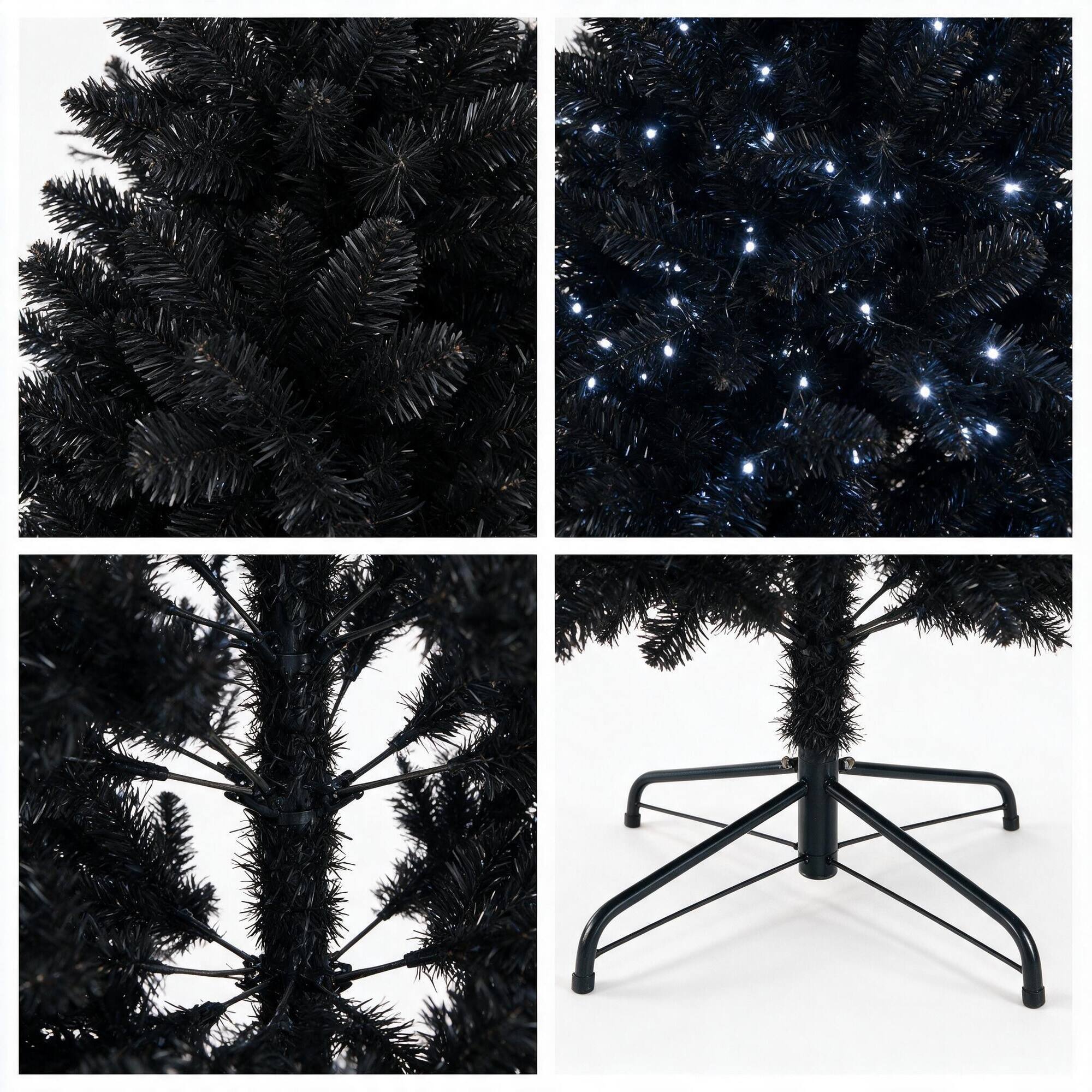 Left. RYHNUYNE - 7FT Black Christmas Tree, 450 White LED Lights 1916 Tips PE+PVC Material Hinged Metal Stand Halloween Holiday Decor - Black.