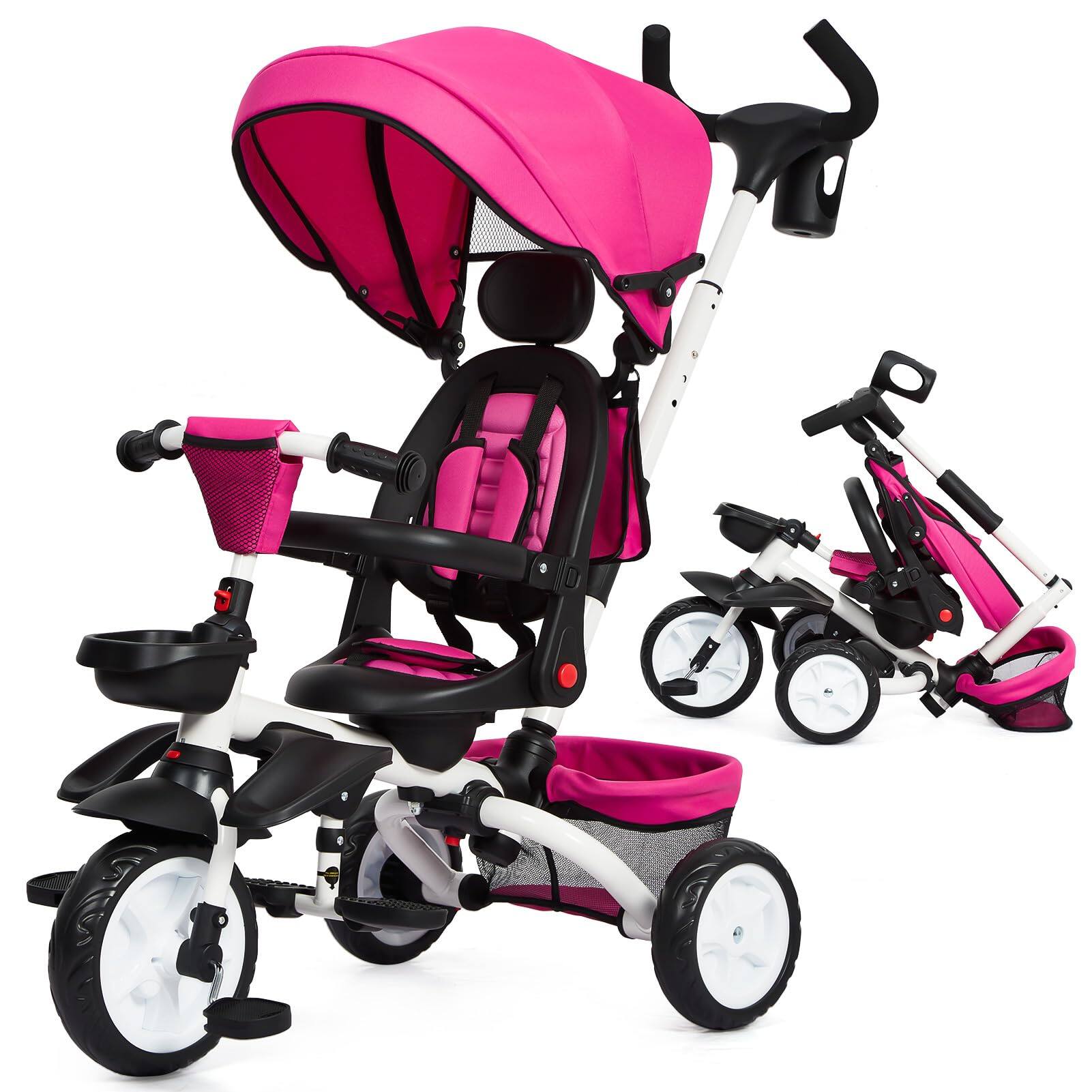 Front. Babevy - 7-in-1 Foldable Baby Tricycle - Ride-On & Seat Modes, Safety Harness for 1-5 Year Olds - Red.