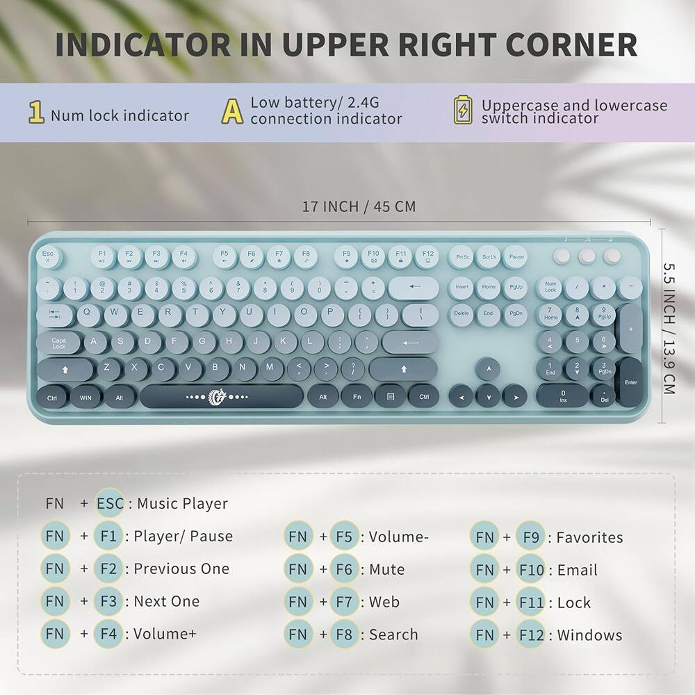 **INDICATOR IN UPPER RIGHT CORNER**

1. Num lock indicator  
2. Low battery/2.4G connection indicator  
3. Uppercase and lowercase switch indicator  

**17 INCH / 45 CM**  
**5.5 INCH / 13.9 CM**

**KEYBOARD FUNCTIONS:**

- FN + ESC: Music Player  
- FN + F1: Player/ Pause  
- FN + F2: Previous One  
- FN + F3: Next One  
- FN + F4: Volume+  
- FN + F5: Volume-  
- FN + F6: Mute  
- FN + F7: Web  
- FN + F8: Search  
- FN + F9: Favorites  
- FN + F10: Email  
- FN + F11: Lock  
- FN + F12: Windows