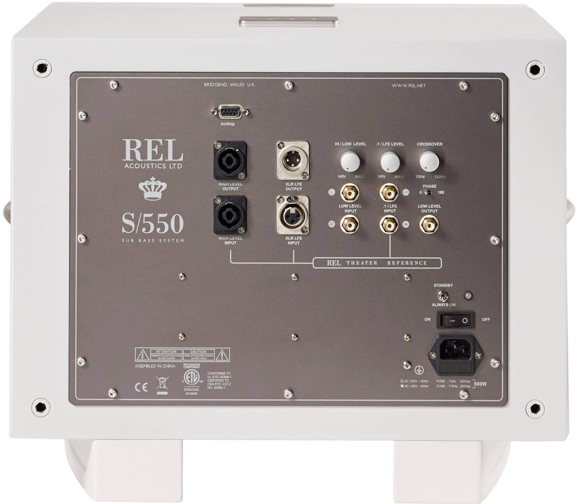 BRIDGEND, WALES, U.K.  
WWW.REL.NET  

REL ACOUSTICS LTD  

S/550  
SUB BASS SYSTEM  

H/L LOW LEVEL  
MIN MAX  
CROSSOVER  
20Hz 120Hz  

1/LFE LEVEL  
MIN MAX  

PHASE  
0 180  

LOW LEVEL OUTPUT  
REL THEATER REFERENCE  

STANDBY  
ALWAYS ON  
ON  
OFF  

H/L LOW LEVEL  
1/LFE LEVEL  
CROSSOVER  
20Hz 120Hz  

PHASE  
0 180  

LOW LEVEL OUTPUT  

REL THEATER REFERENCE  

STANDBY  
ALWAYS ON  
ON  
OFF  

H/L LOW LEVEL  
1/LFE LEVEL  
CROSSOVER  
20Hz 120Hz  

PHASE  
0 180  

LOW LEVEL OUTPUT  

REL THEATER REFERENCE  

STANDBY  
ALWAYS ON  
ON  
OFF  

H/L LOW LEVEL  
1/LFE LEVEL  
CROSSOVER  
20Hz 120Hz  

PHASE  
0 180  

LOW LEVEL OUTPUT  

REL THEATER REFERENCE  

STANDBY  
ALWAYS ON